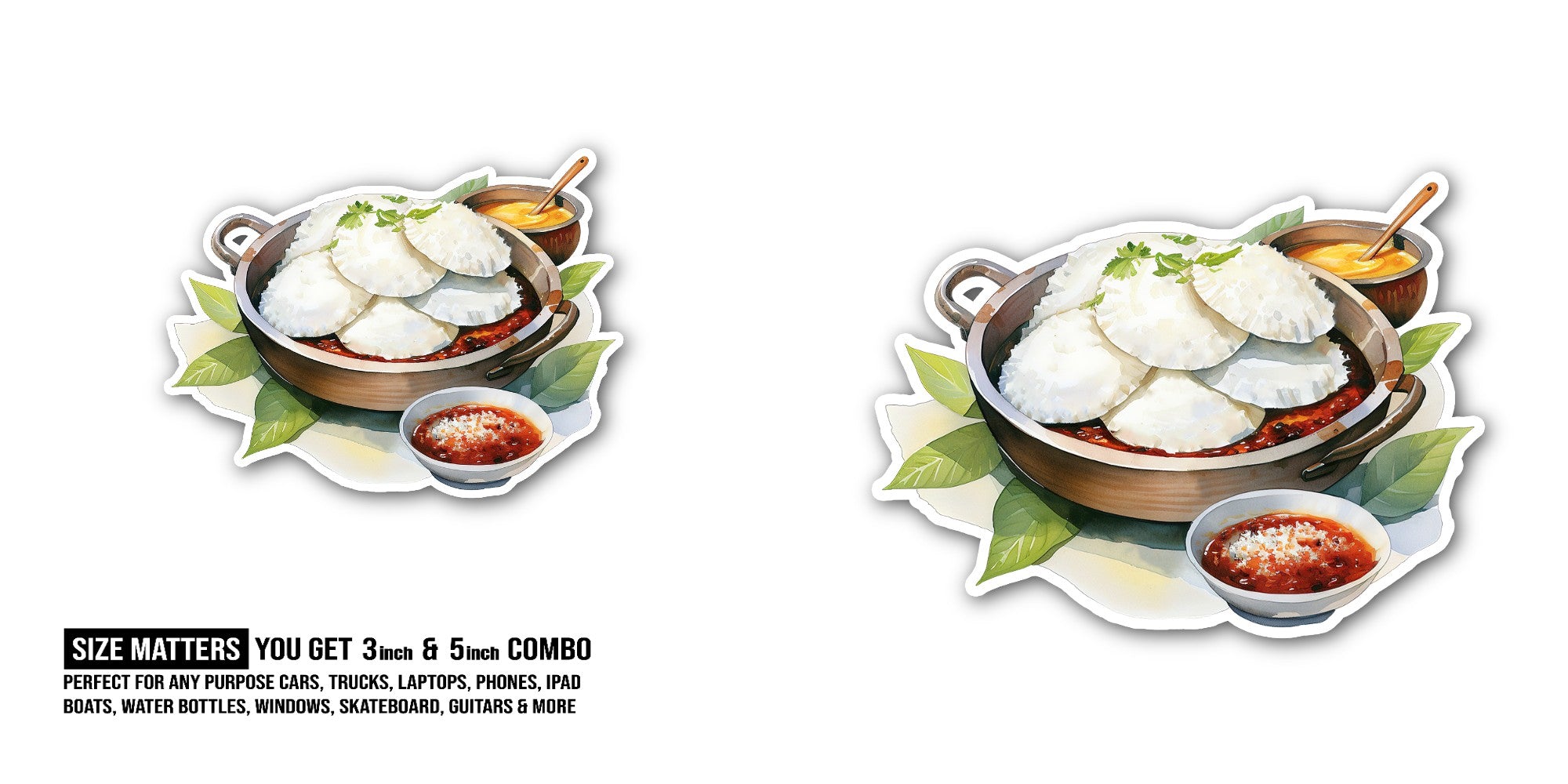 Idli Delight Sticker, Waterproof Vinyl Decal Sticker Indoor Or Outdoor 2 (Pieces) 3" and 5"