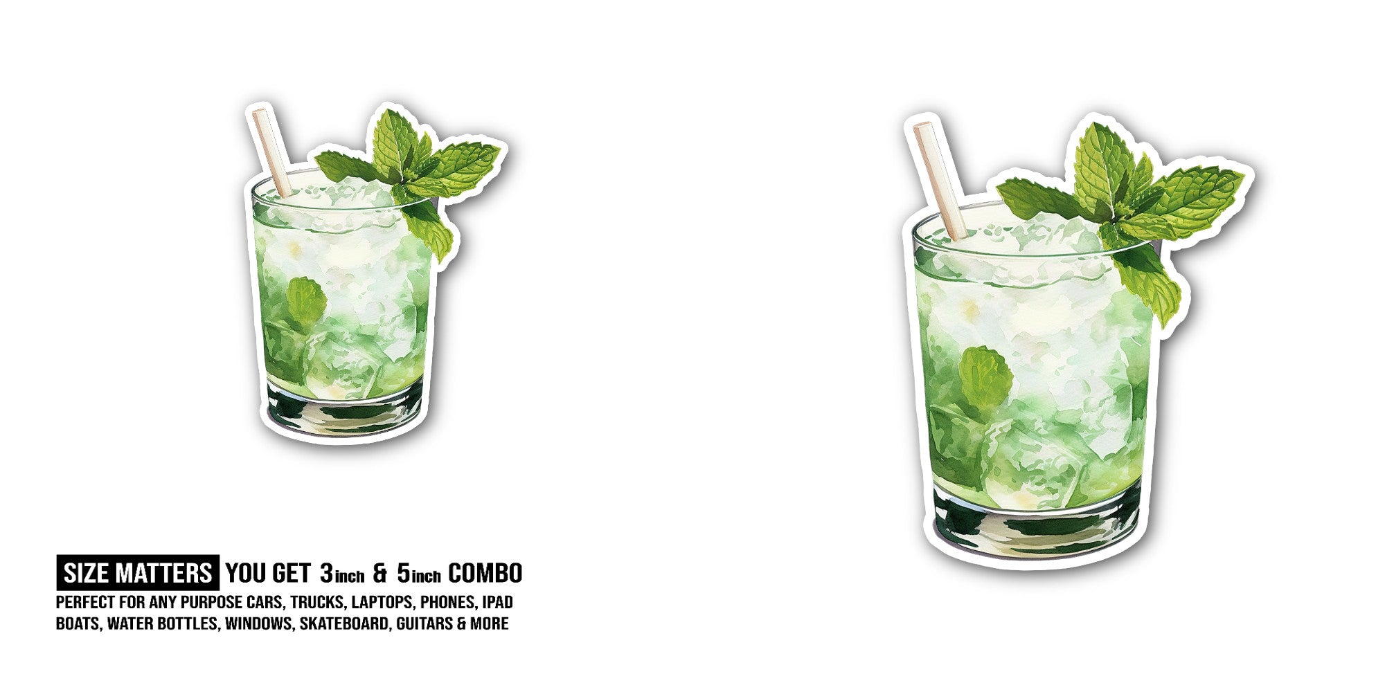 Mint julep cocktail Sticker, Waterproof Vinyl Decal Sticker Indoor Or Outdoor 2 (Pieces) 3" and 5"