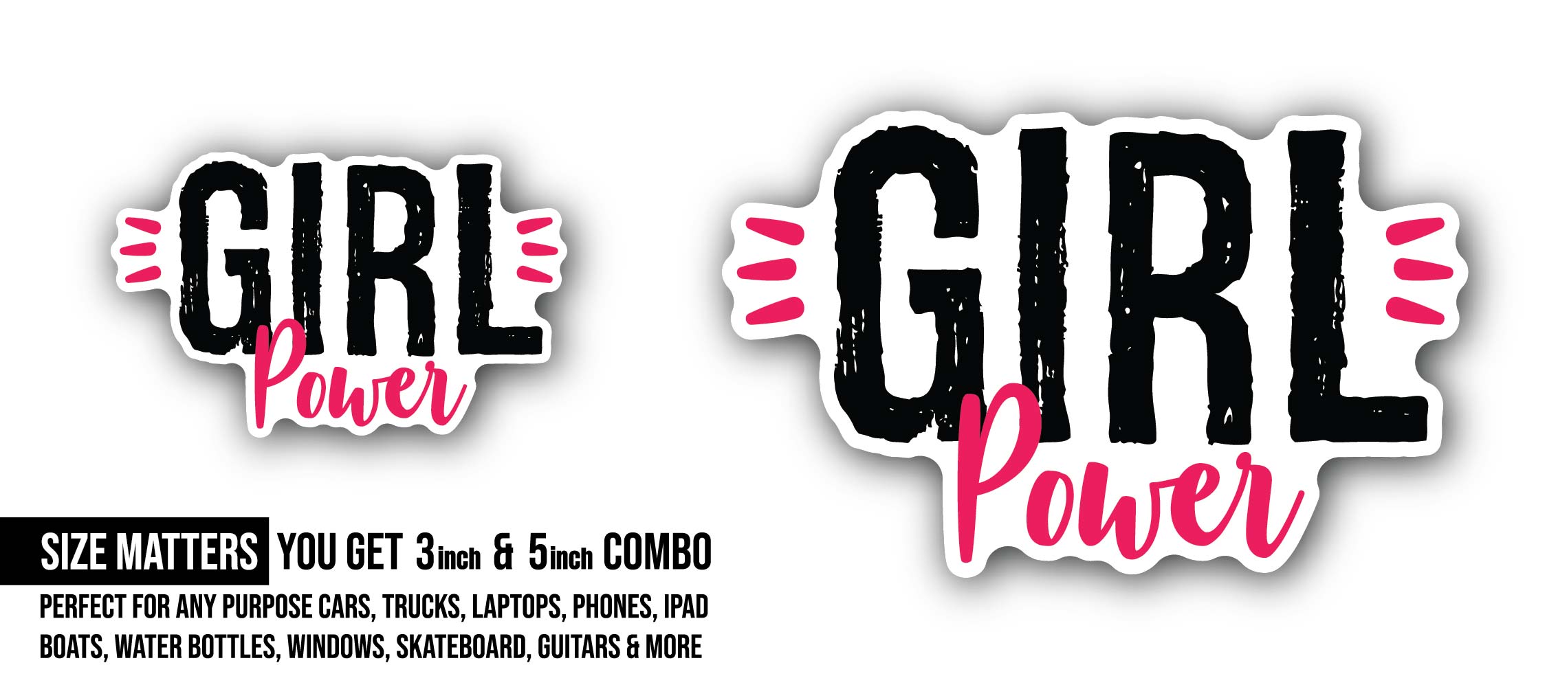 Pink Girl Power Text Sticker, Waterproof Vinyl Decal Sticker Indoor Or Outdoor 2 (Pieces) 3" and 5"