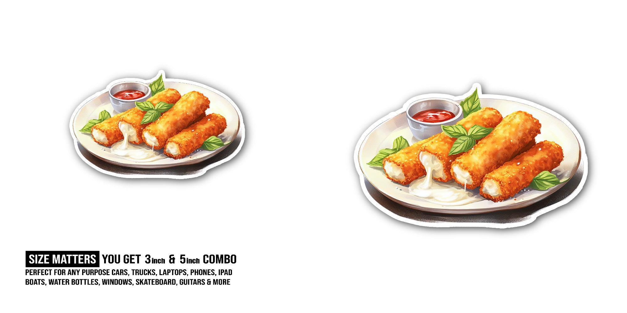Mozzarella sticks Sticker, Waterproof Vinyl Decal Sticker Indoor Or Outdoor 2 (Pieces) 3" and 5"