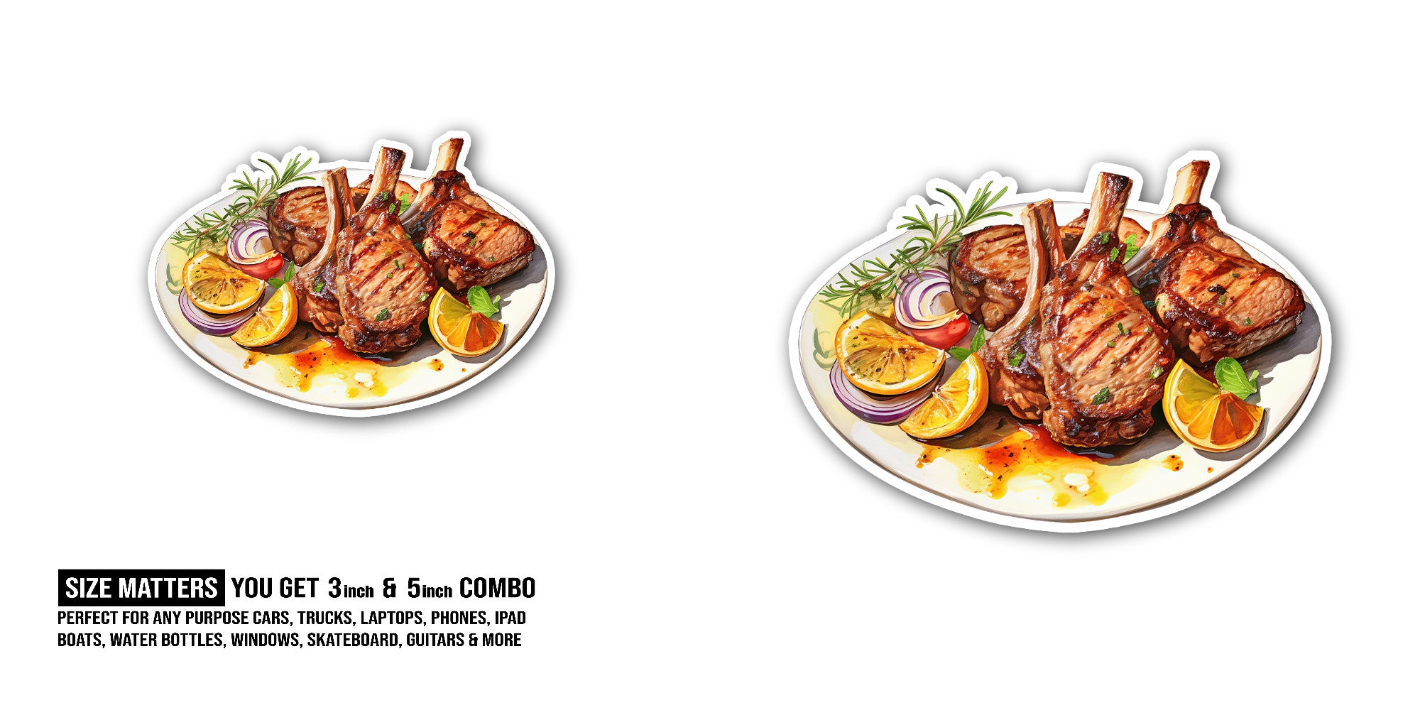 Grilled lamb chop Sticker, Waterproof Vinyl Decal Sticker Indoor Or Outdoor 2 (Pieces) 3" and 5"