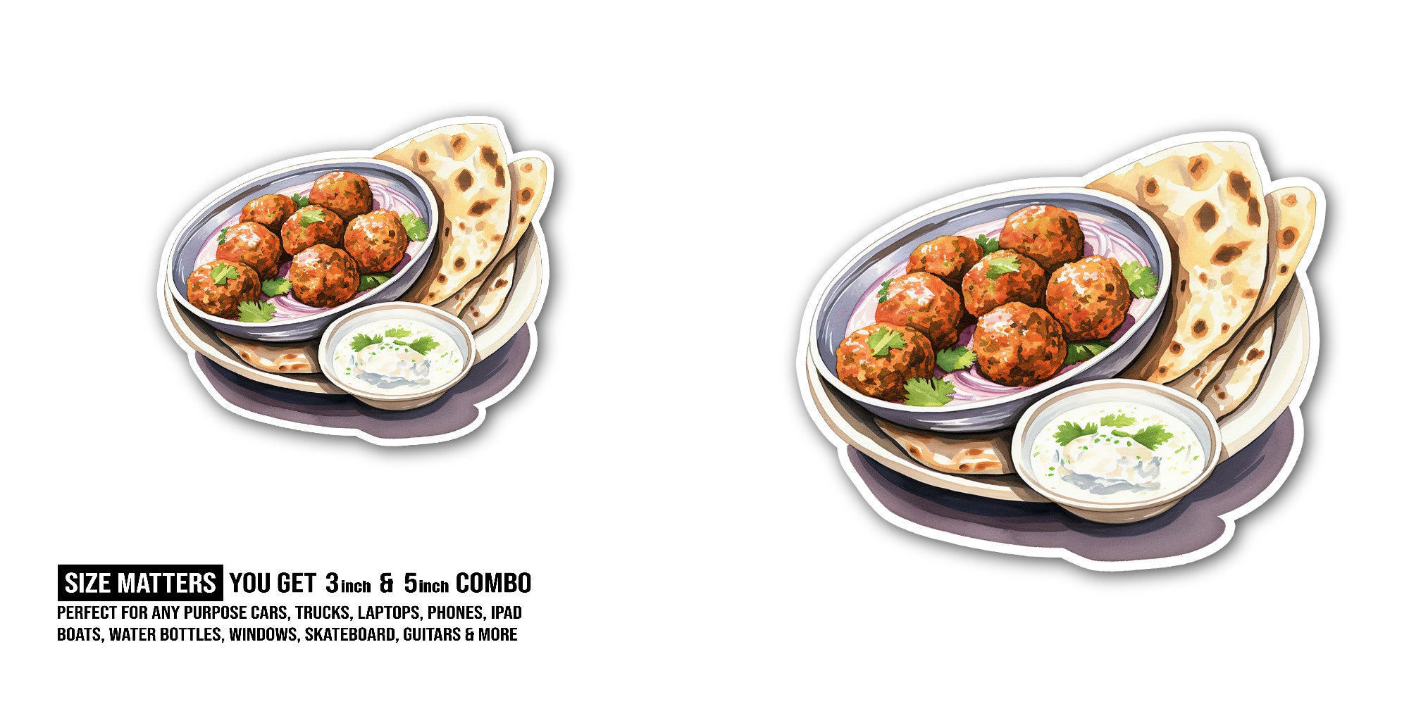 DELICIOUS Falafel Sticker, Waterproof Vinyl Decal Sticker Indoor Or Outdoor 2 (Pieces) 3" and 5"