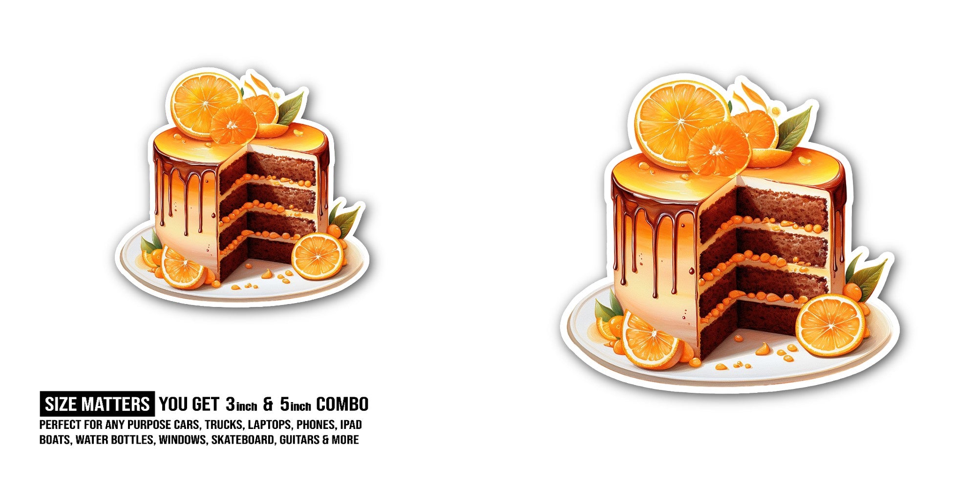 Orange chocolate cake Sticker, Waterproof Vinyl Decal Sticker Indoor Or Outdoor 2 (Pieces) 3" and 5"