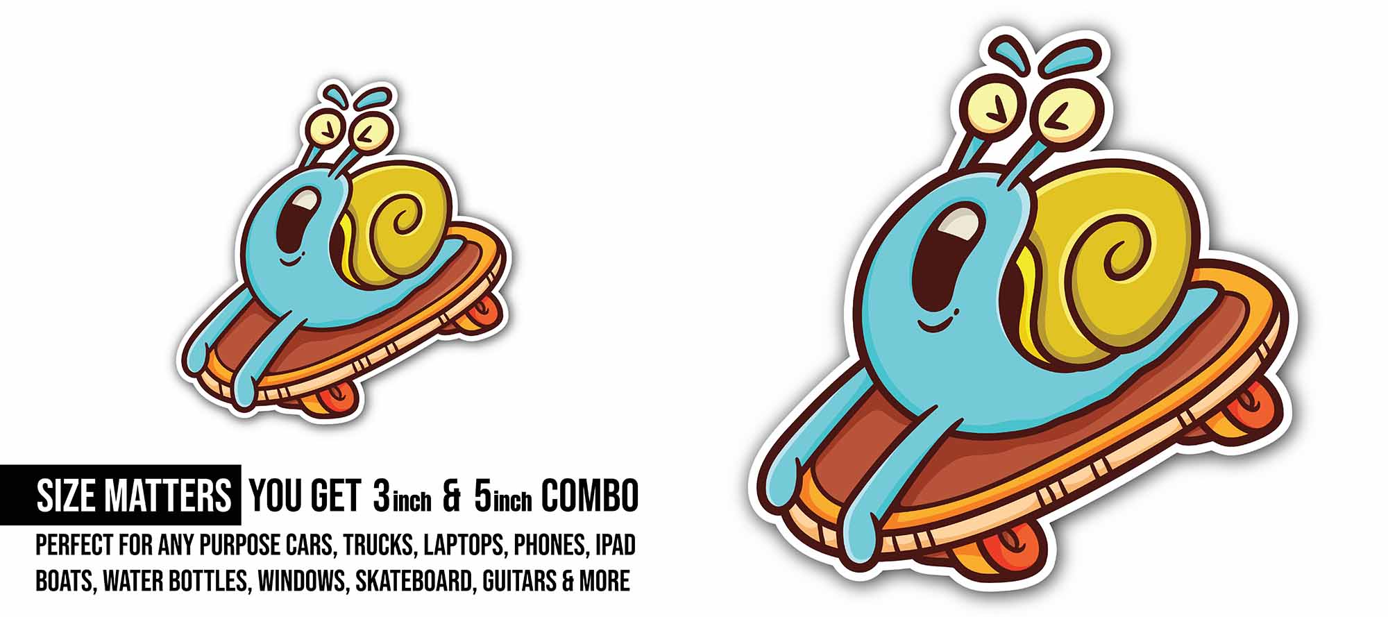Skateboard Snail Sticker, Waterproof Vinyl Decal Sticker Indoor Or Outdoor 2 (Pieces) 3" and 5"