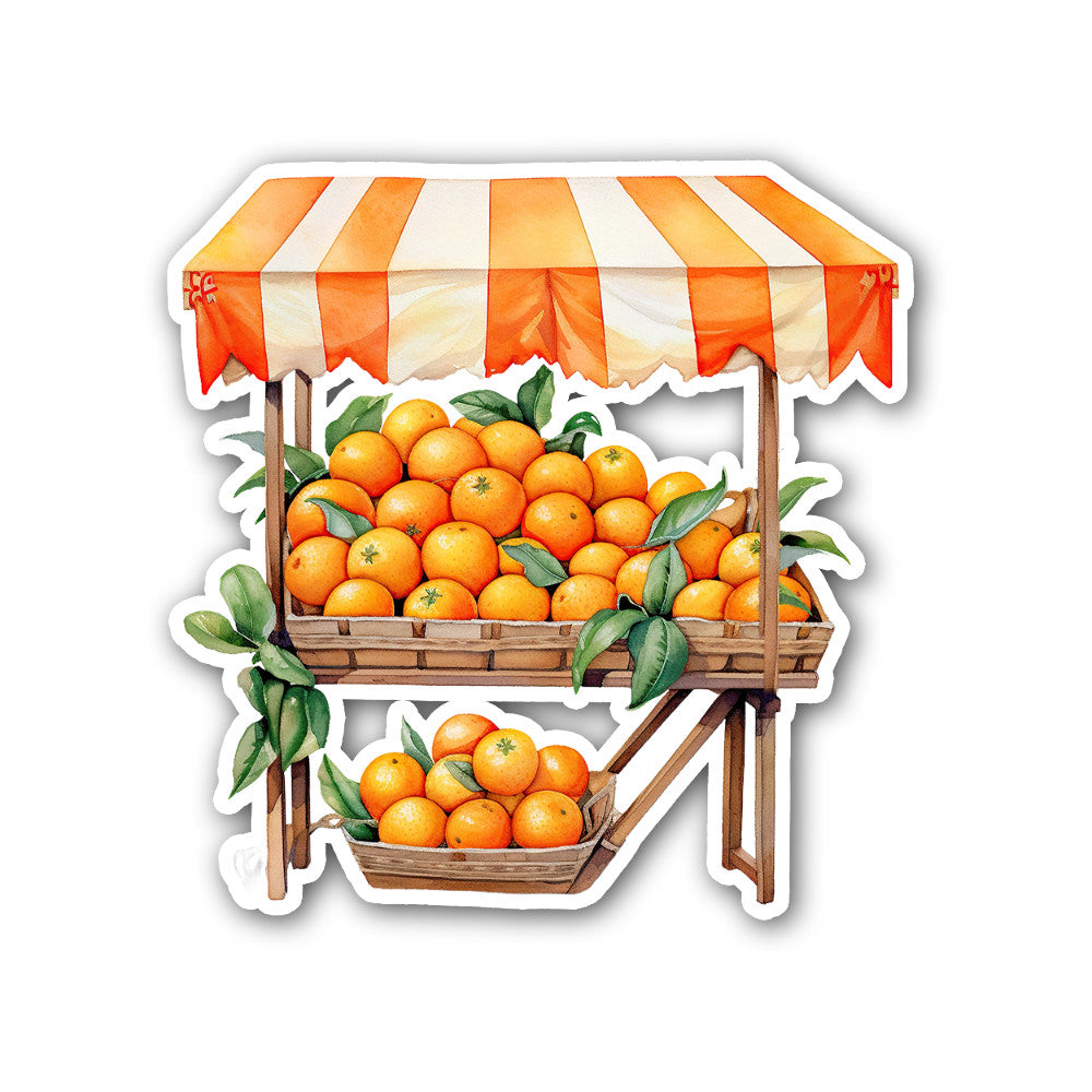 Fruit stand selling oranges Sticker, Waterproof Vinyl Decal Sticker Indoor Or Outdoor 2 (Pieces) 3" and 5"