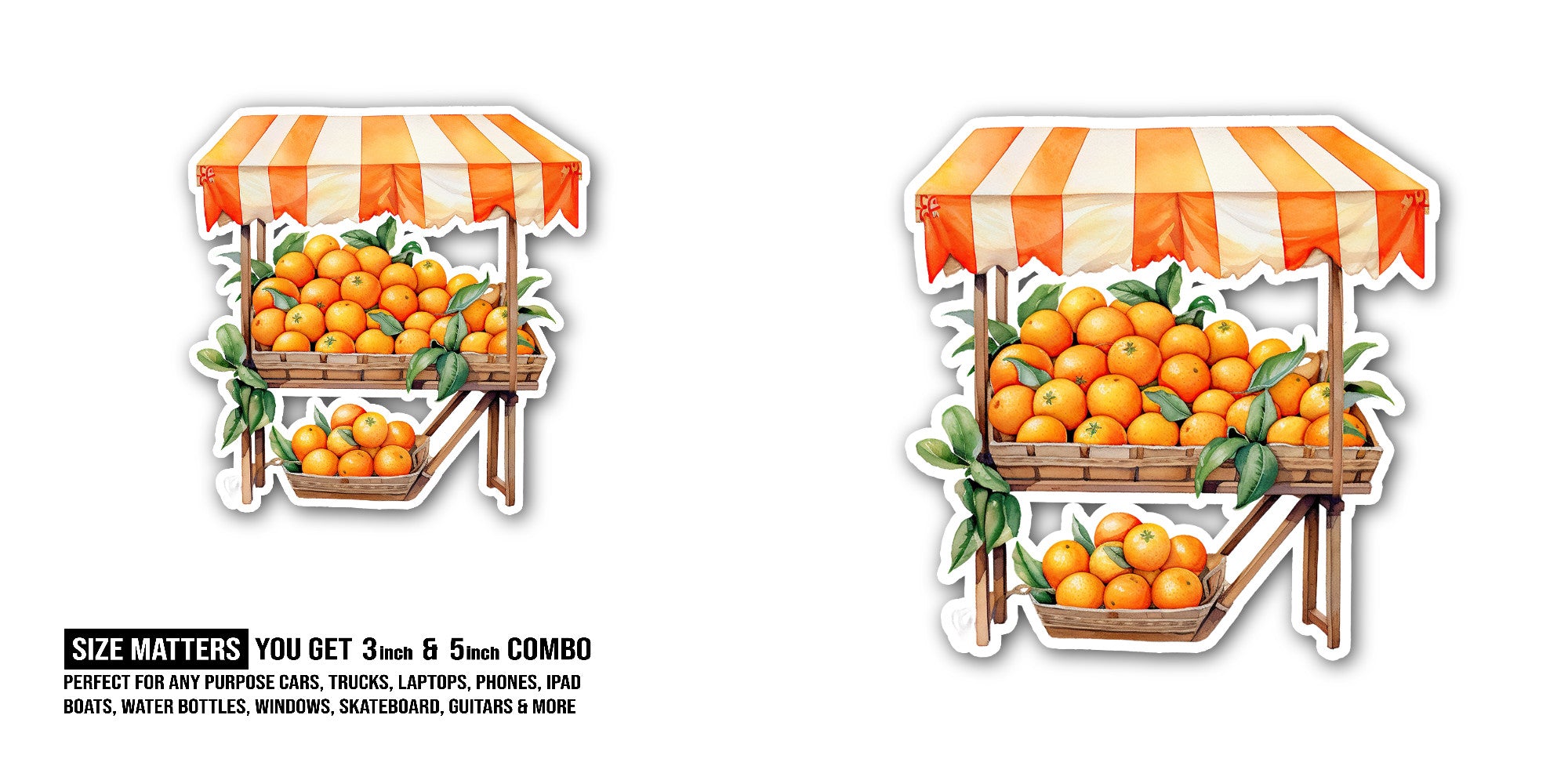 Fruit stand selling oranges Sticker, Waterproof Vinyl Decal Sticker Indoor Or Outdoor 2 (Pieces) 3" and 5"