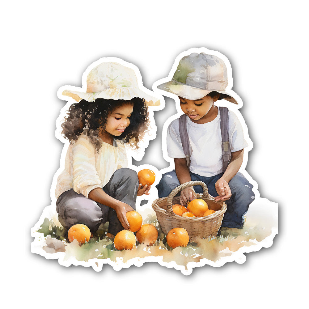 Children harvesting oranges Sticker, Waterproof Vinyl Decal Sticker Indoor Or Outdoor 2 (Pieces) 3" and 5"