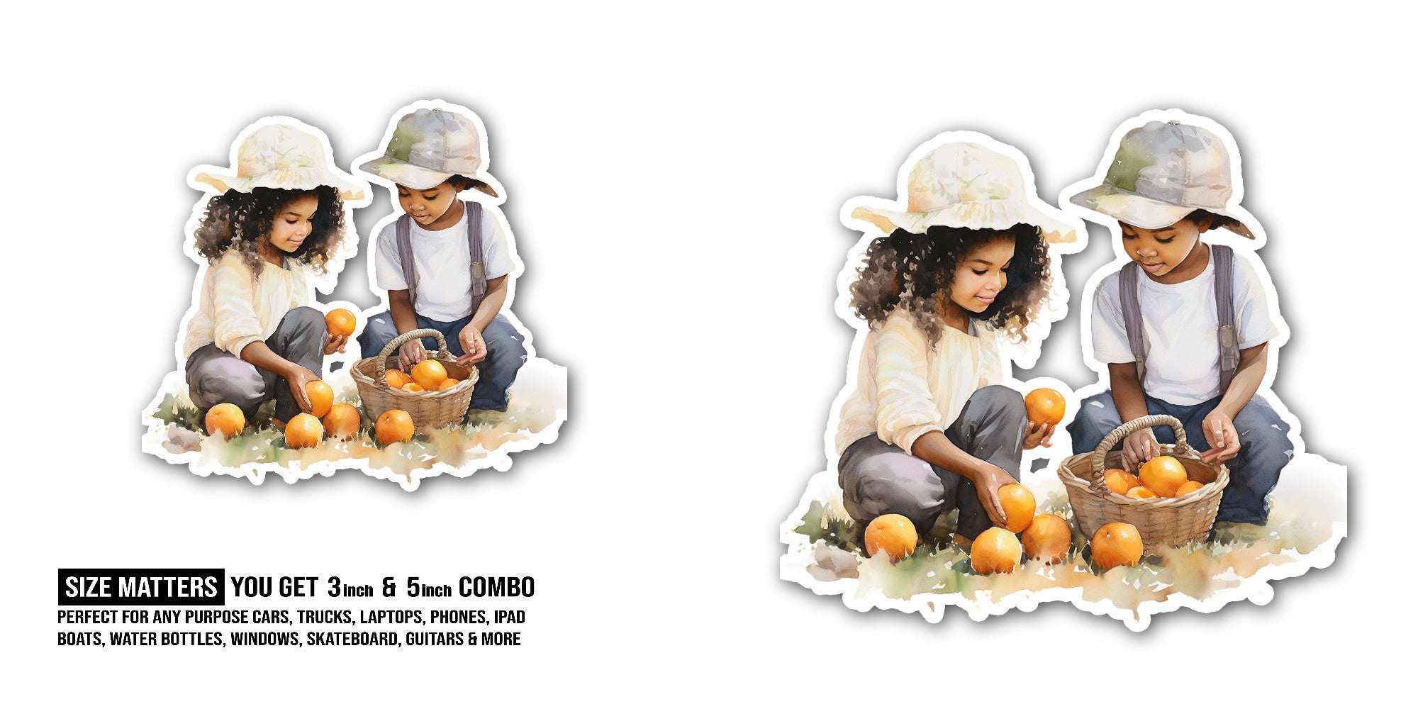 Children harvesting oranges Sticker, Waterproof Vinyl Decal Sticker Indoor Or Outdoor 2 (Pieces) 3" and 5"