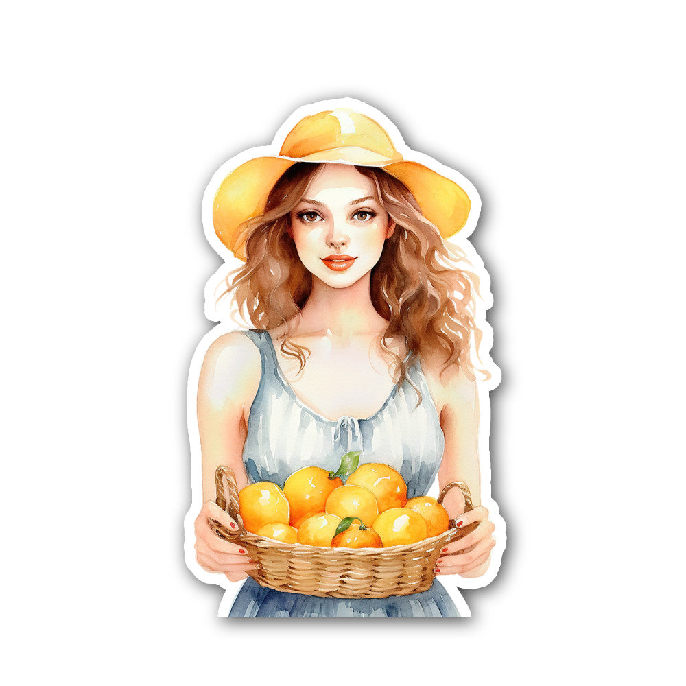 Woman holding a crate of oranges Sticker, Waterproof Vinyl Decal Sticker Indoor Or Outdoor 2 (Pieces) 3" and 5"