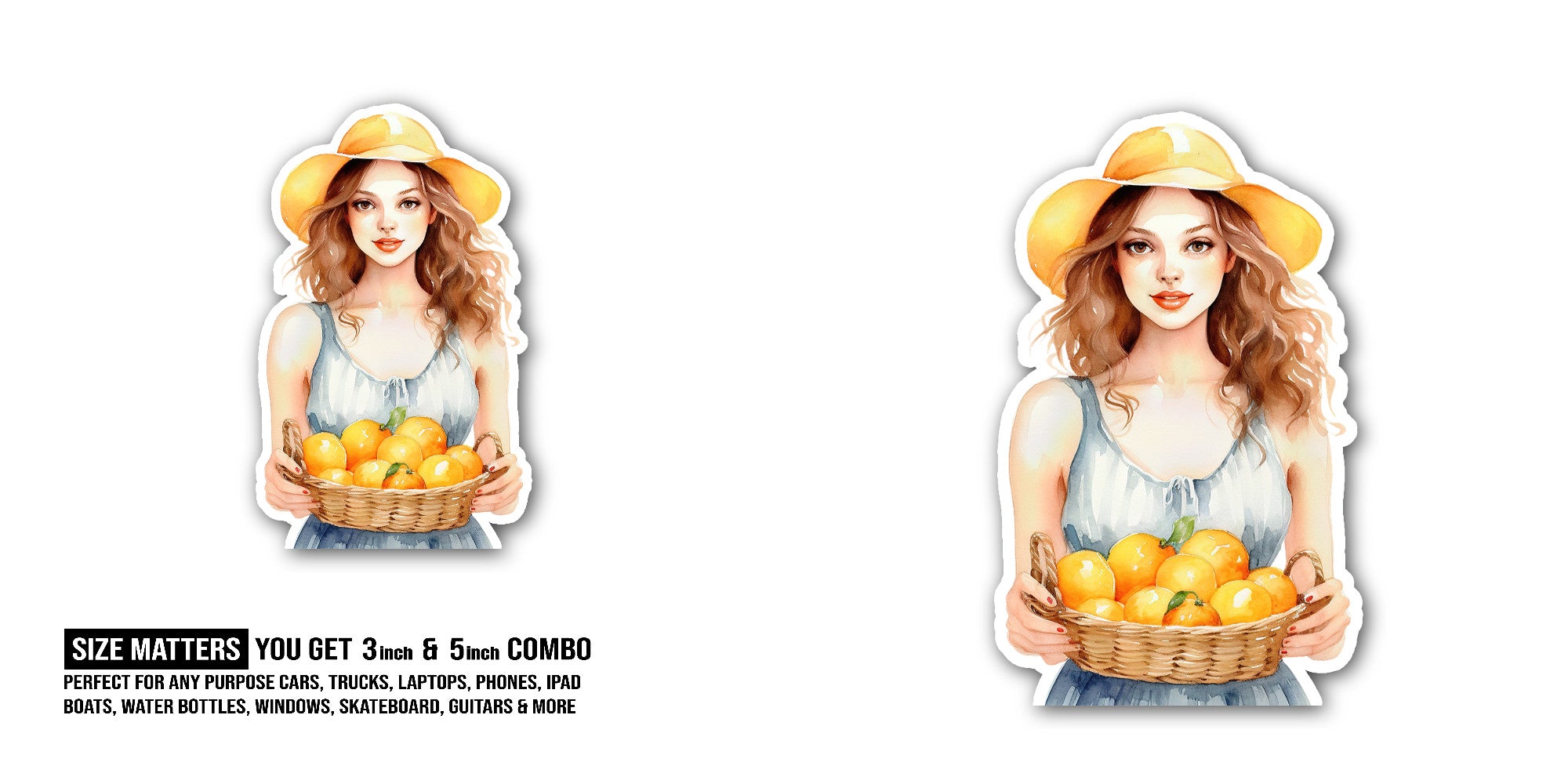 Woman holding a crate of oranges Sticker, Waterproof Vinyl Decal Sticker Indoor Or Outdoor 2 (Pieces) 3" and 5"