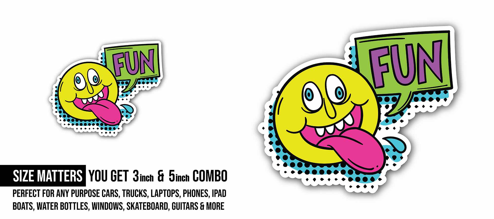 Fun Emoji Sticker, Waterproof Vinyl Decal Sticker Indoor Or Outdoor 2 (Pieces) 3" and 5"