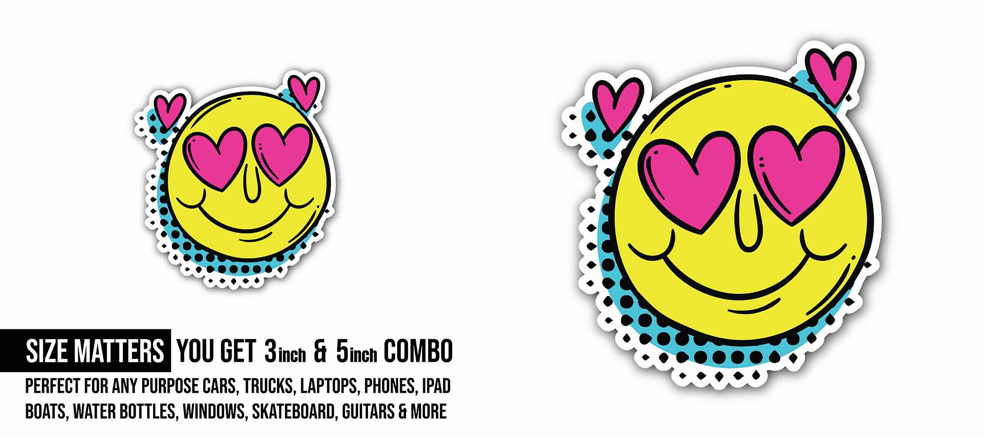 Love Emoji Sticker, Waterproof Vinyl Decal Sticker Indoor Or Outdoor 2 (Pieces) 3" and 5"