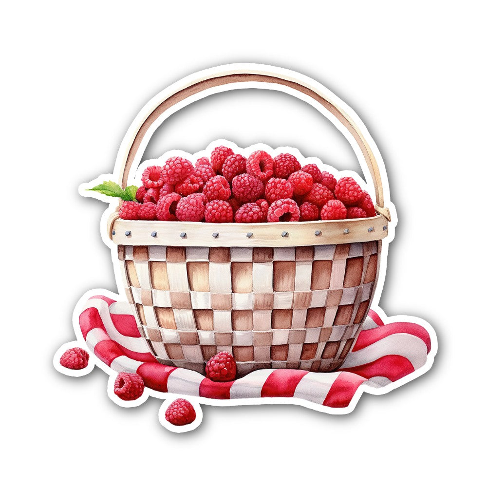 Raspberry in a basket Sticker, Waterproof Vinyl Decal Sticker Indoor Or Outdoor 2 (Pieces) 3" and 5"