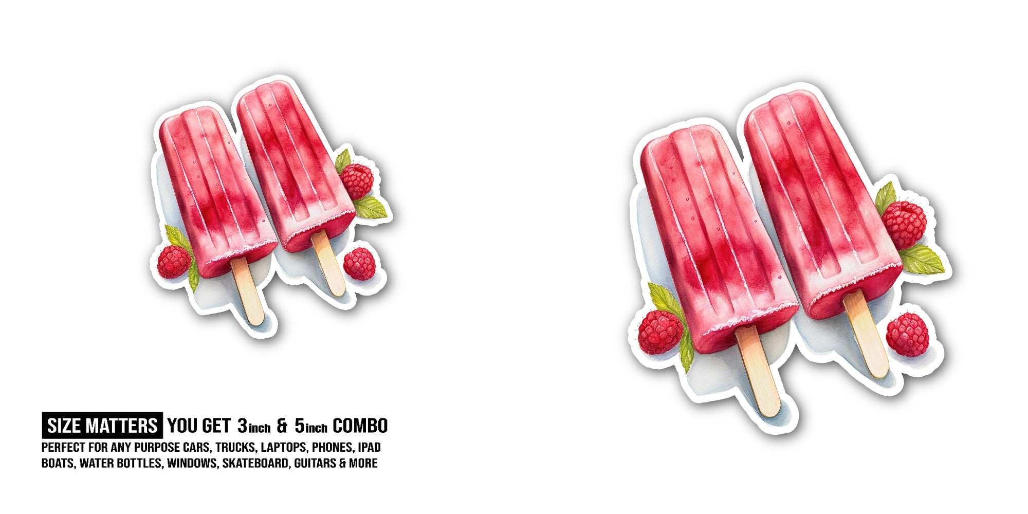 Raspberry popsicle Sticker, Waterproof Vinyl Decal Sticker Indoor Or Outdoor 2 (Pieces) 3" and 5"