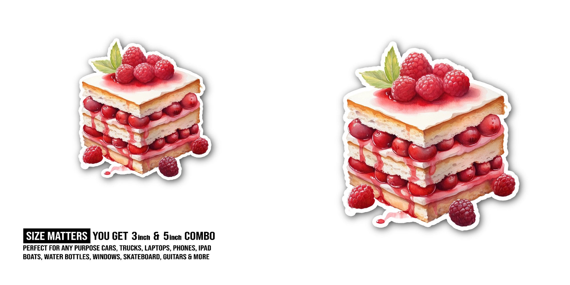 Raspberry cake Sticker, Waterproof Vinyl Decal Sticker Indoor Or Outdoor 2 (Pieces) 3" and 5"