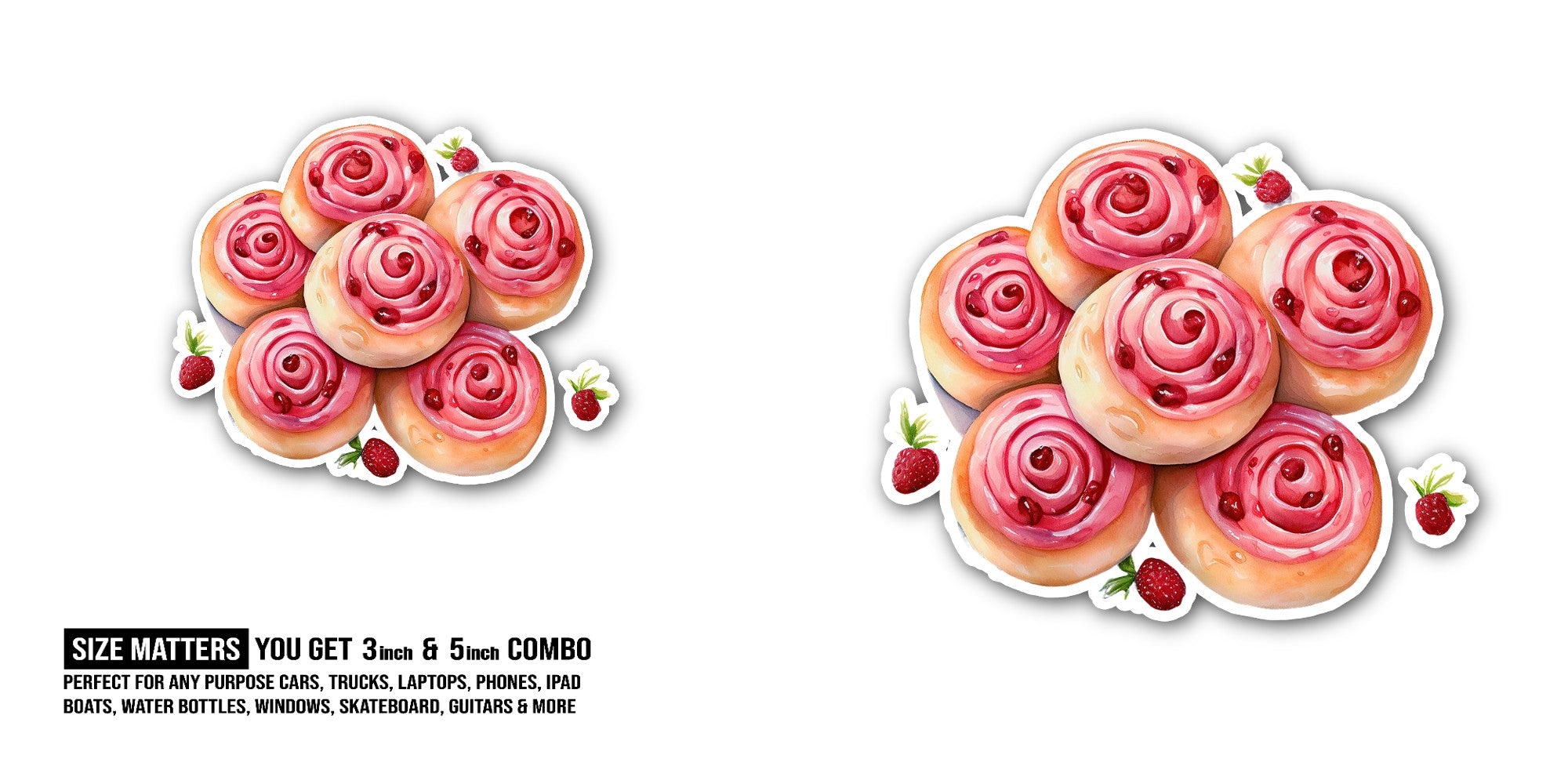 Yummy Strawberry Cinnamon Rolls Sticker, Waterproof Vinyl Decal Sticker Indoor Or Outdoor 2 (Pieces) 3" and 5"