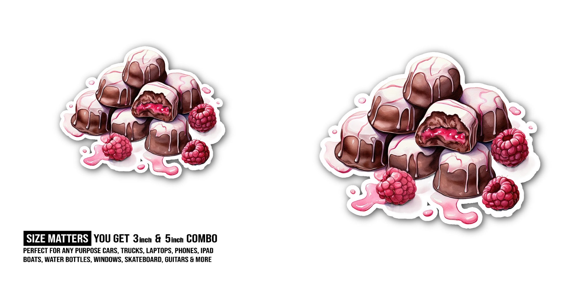 Yummy Raspberry Chocolate truffles Sticker, Waterproof Vinyl Decal Sticker Indoor Or Outdoor 2 (Pieces) 3" and 5"