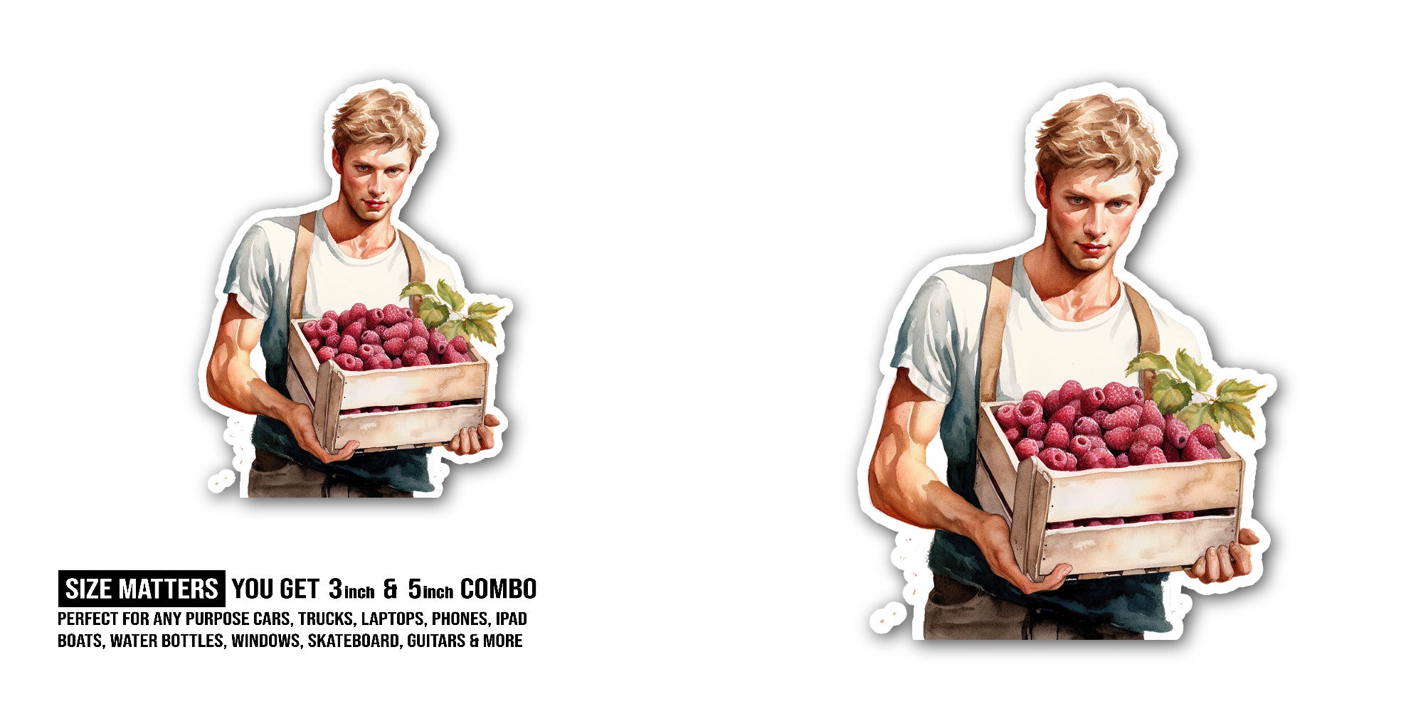 Raspberry Basket With Handsome boy Sticker, Waterproof Vinyl Decal Sticker Indoor Or Outdoor 2 (Pieces) 3" and 5"