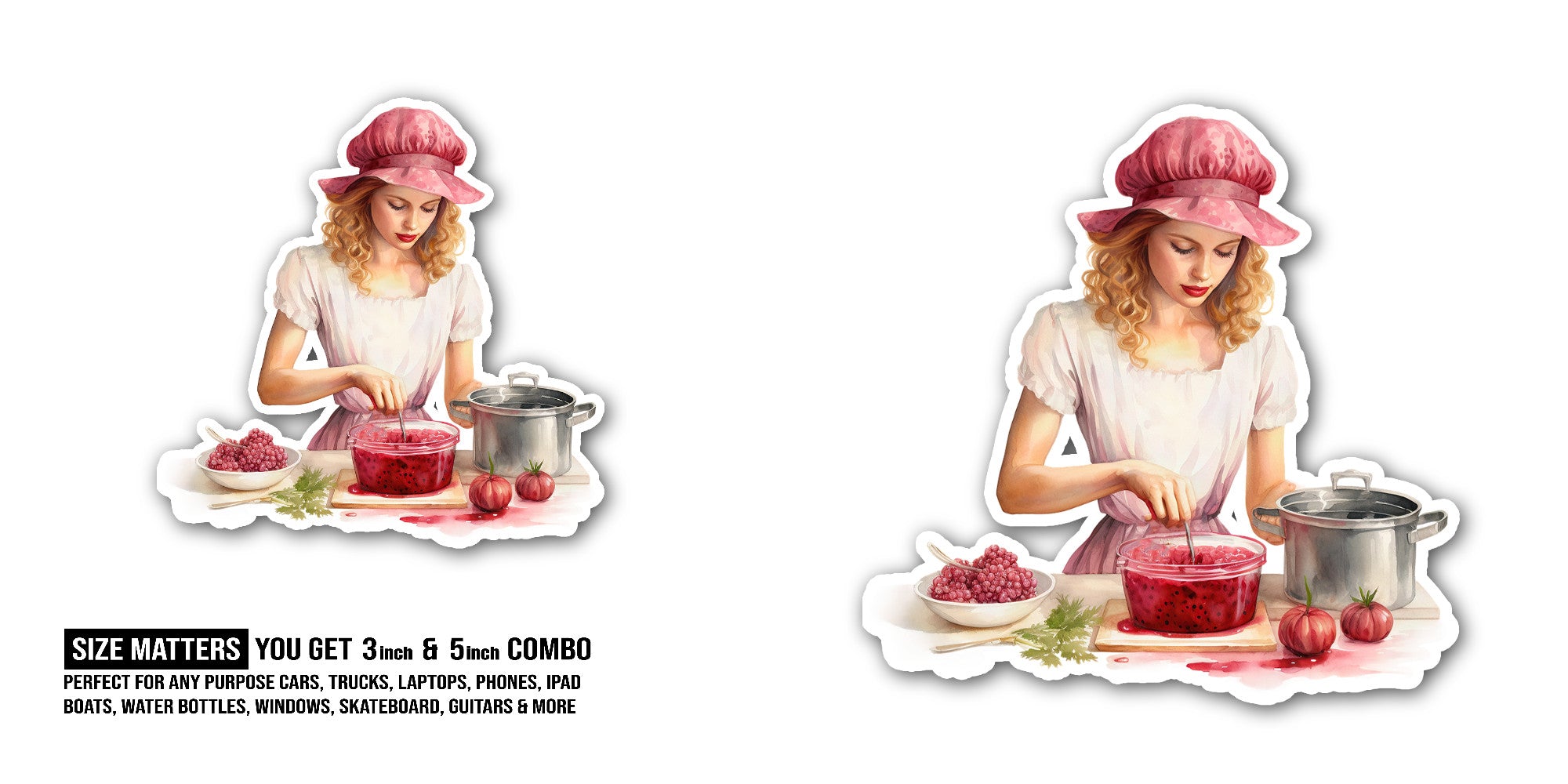 Cute Girl Making Homemade Raspberry Jam Sticker, Waterproof Vinyl Decal Sticker Indoor Or Outdoor 2 (Pieces) 3" and 5"