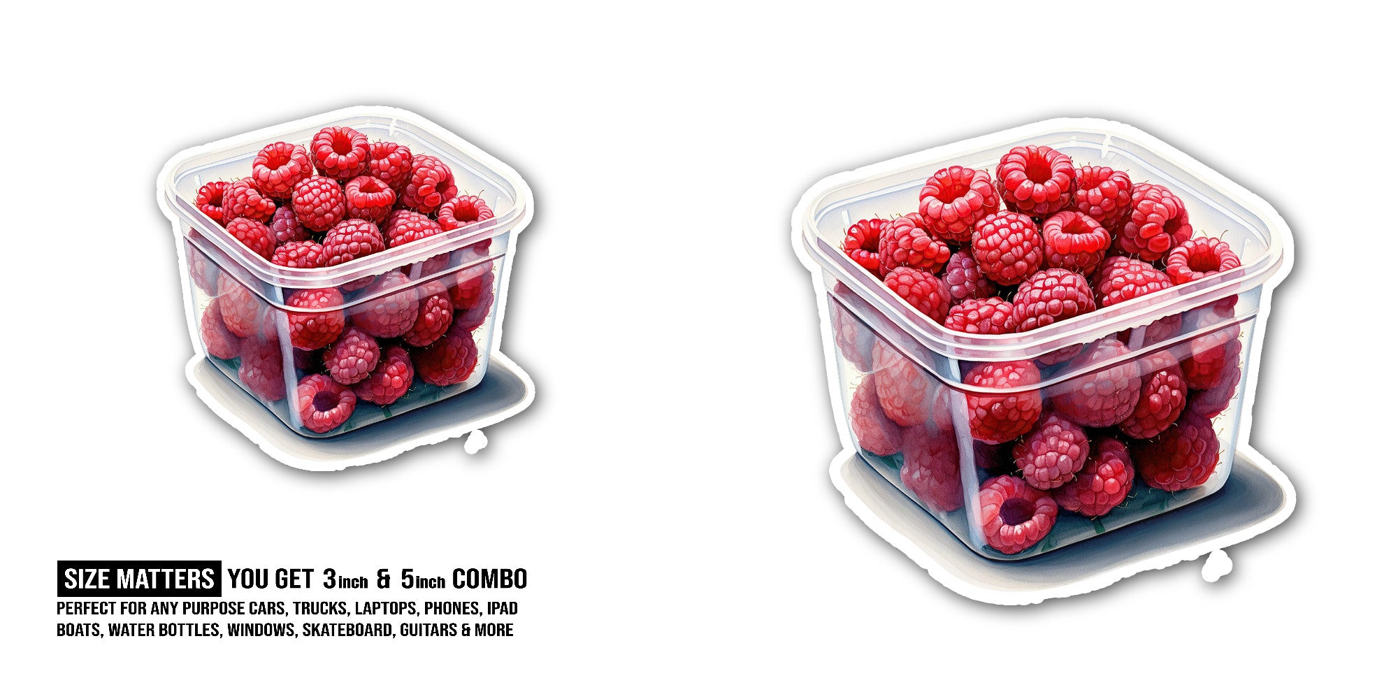 Yummy Raspberries Basket Sticker, Waterproof Vinyl Decal Sticker Indoor Or Outdoor 2 (Pieces) 3" and 5"