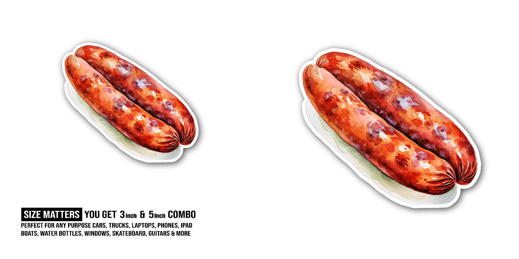 Tasty Sausages on Dish Sticker, Waterproof Vinyl Decal Sticker Indoor Or Outdoor 2 (Pieces) 3" and 5"