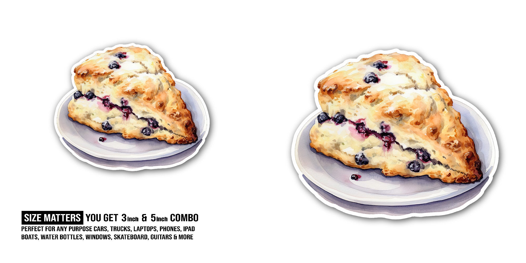 Yummy Blueberry Scone Sticker, Waterproof Vinyl Decal Sticker Indoor Or Outdoor 2 (Pieces) 3" and 5"