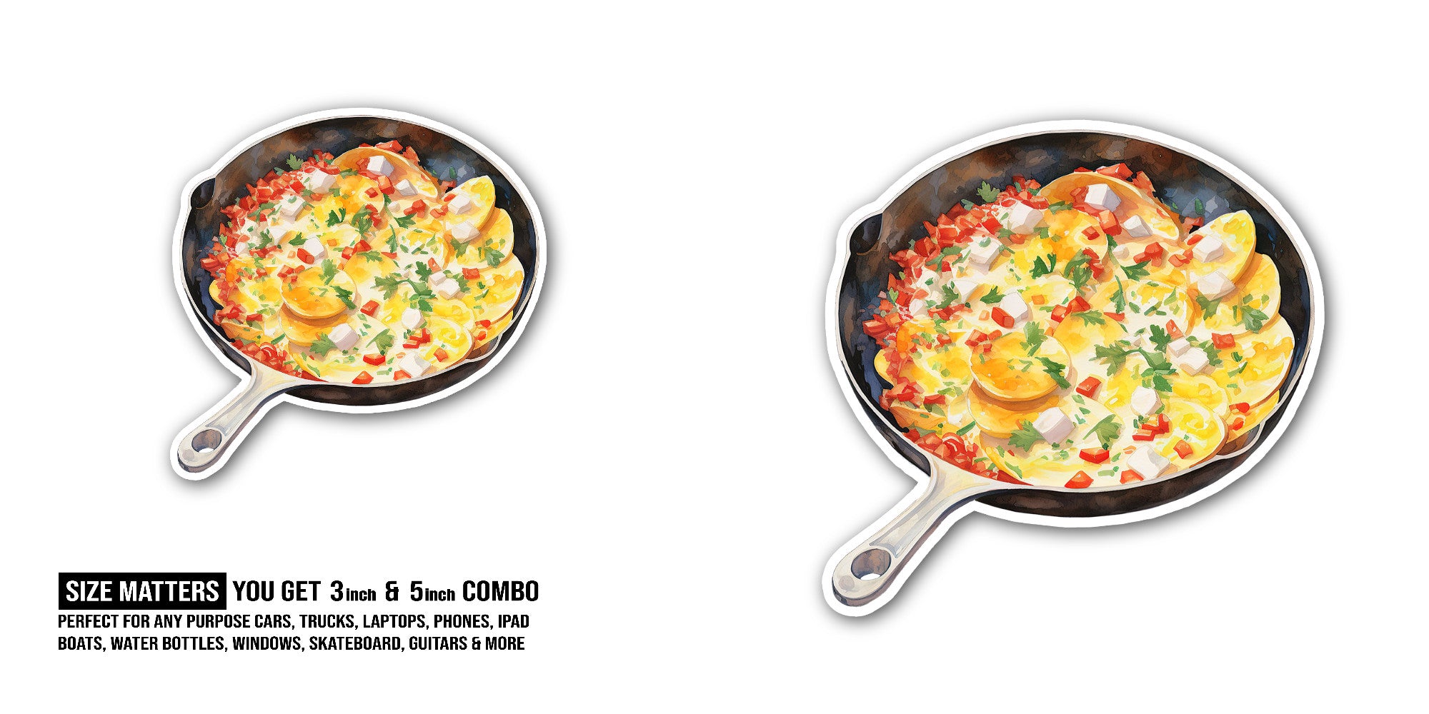 cute Pan With Egg Omelette Sticker, Waterproof Vinyl Decal Sticker Indoor Or Outdoor 2 (Pieces) 3" and 5"