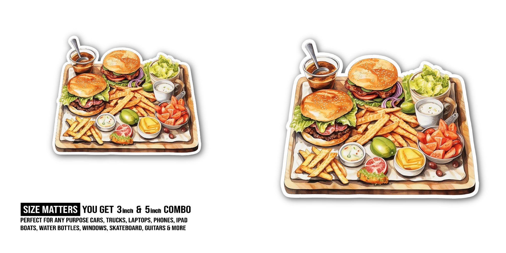 Tasty Burger and Fries Plate Sticker, Waterproof Vinyl Decal Sticker Indoor Or Outdoor 2 (Pieces) 3" and 5"