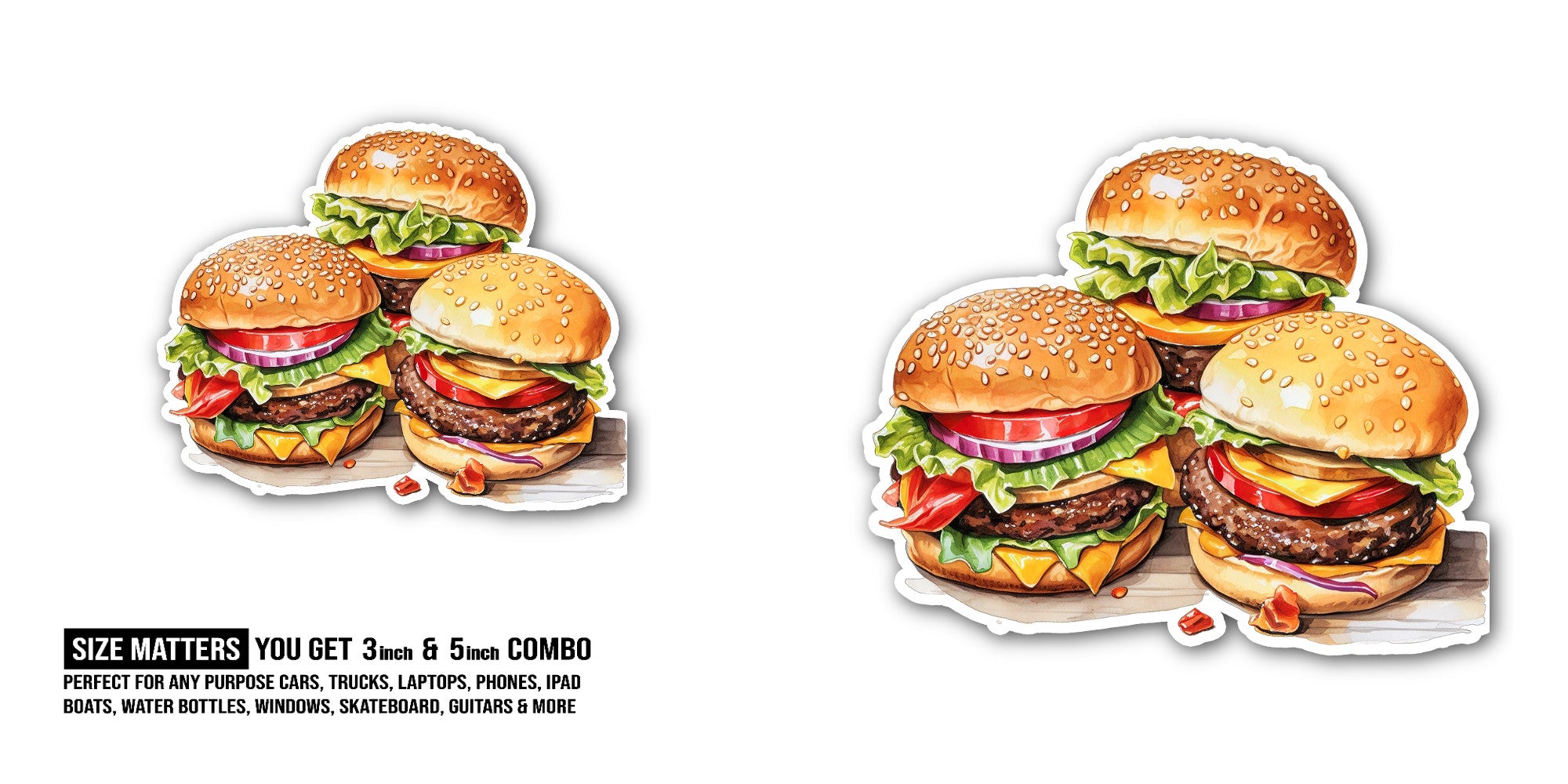 Tasty Fresh hamburgers Sticker, Waterproof Vinyl Decal Sticker Indoor Or Outdoor 2 (Pieces) 3" and 5"