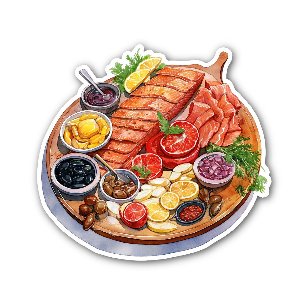 Tasty Grilled Meat Snack Platter Sticker, Waterproof Vinyl Decal Sticker Indoor Or Outdoor 2 (Pieces) 3" and 5"