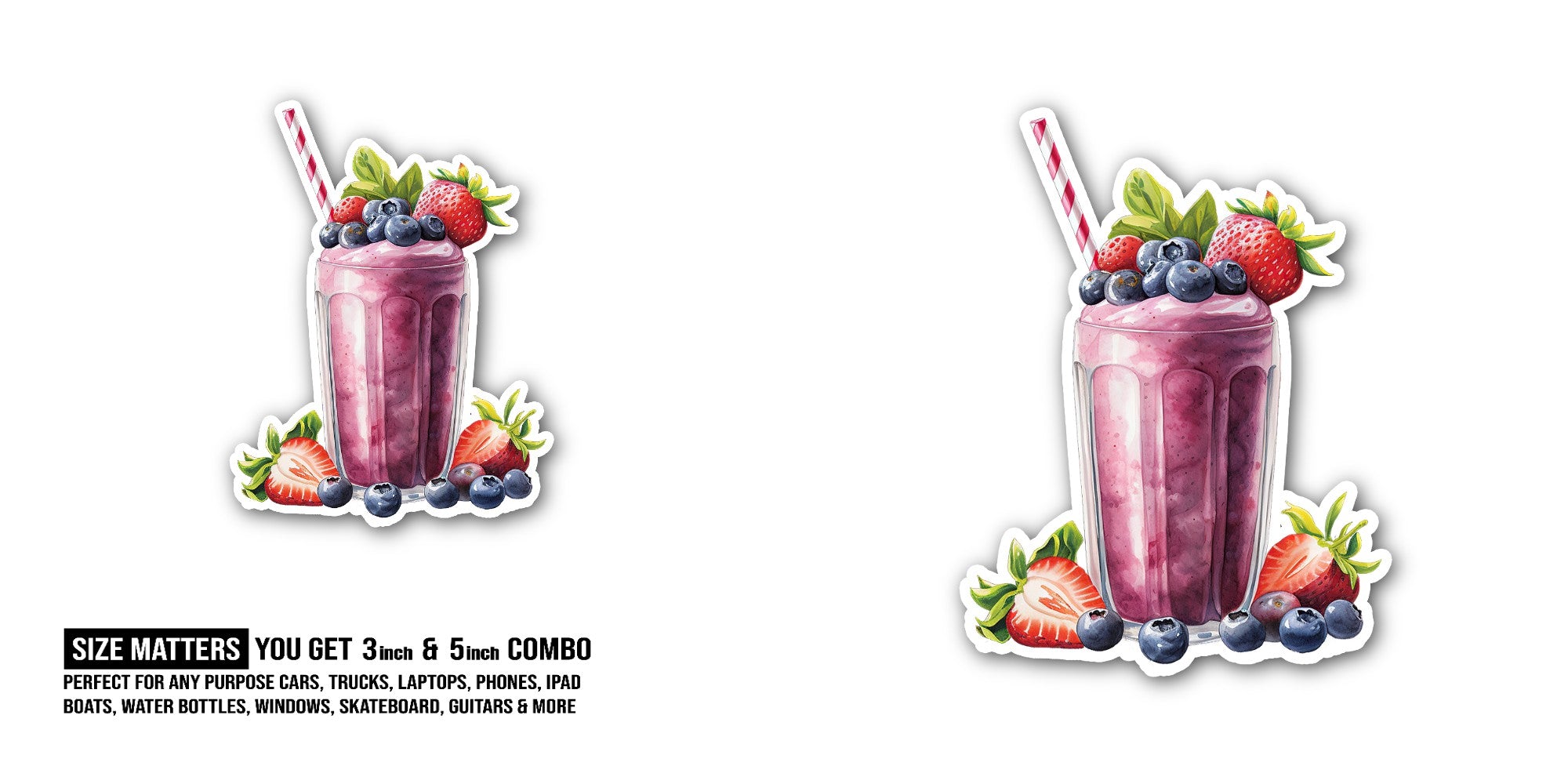 Yummy Strawberry smoothie Sticker, Waterproof Vinyl Decal Sticker Indoor Or Outdoor 2 (Pieces) 3" and 5"