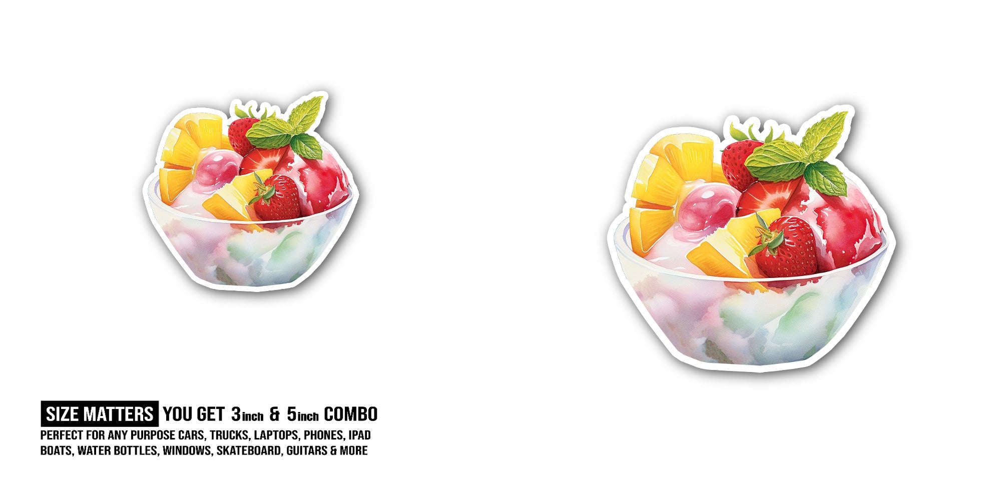 Yummy Fruit Salad Bowl Sticker, Waterproof Vinyl Decal Sticker Indoor Or Outdoor 2 (Pieces) 3" and 5"