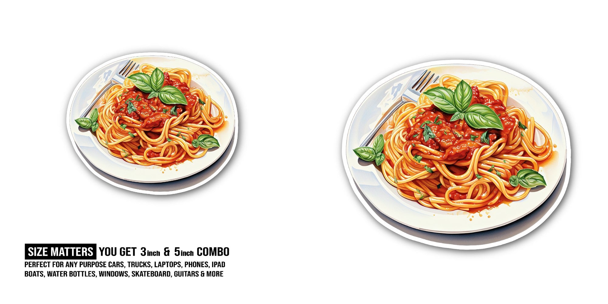 Tasty Spaghetti Plate Sticker, Waterproof Vinyl Decal Sticker Indoor Or Outdoor 2 (Pieces) 3" and 5"
