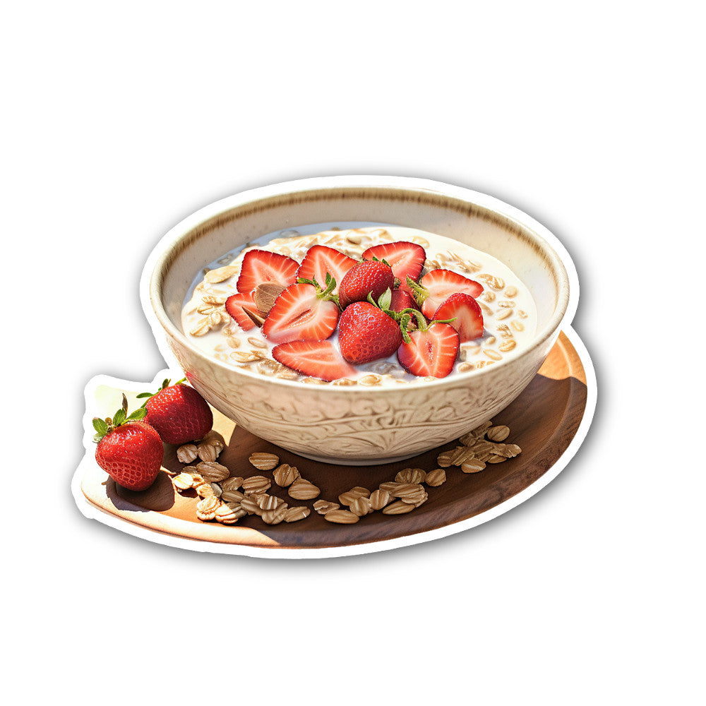 Bowl Of Oats With Fresh Strawberries Sticker, Waterproof Vinyl Decal Sticker Indoor Or Outdoor 2 (Pieces) 3" and 5"