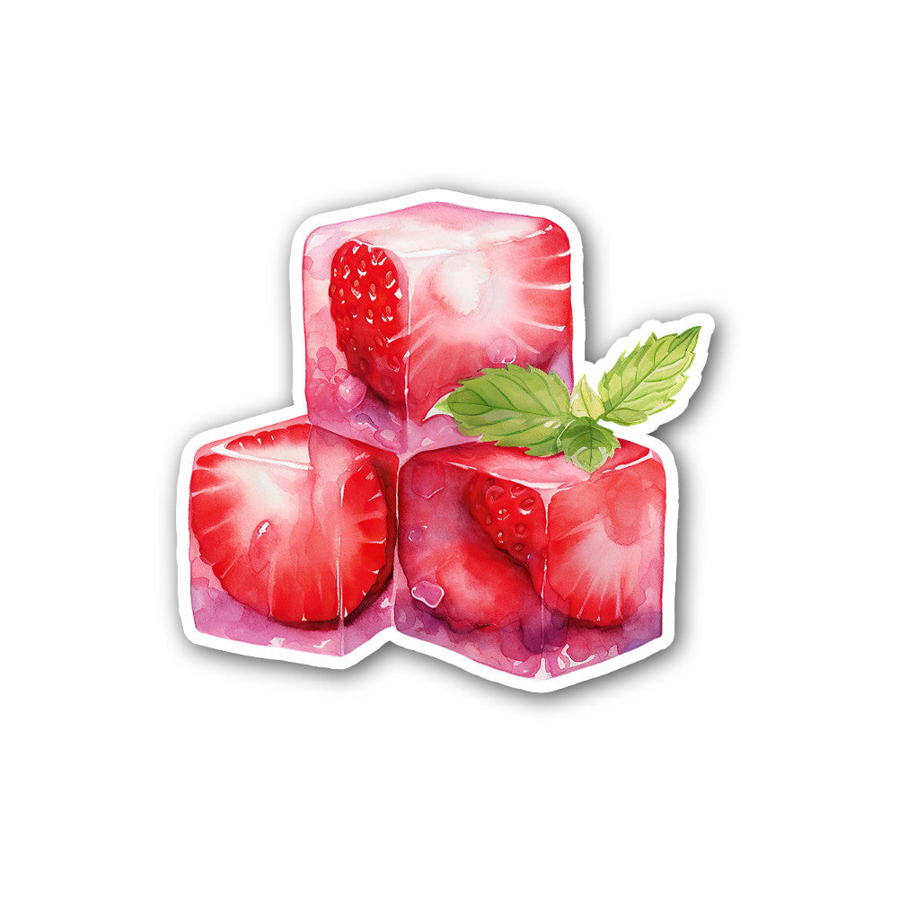Strawberry ice cube Sticker, Waterproof Vinyl Decal Sticker Indoor Or Outdoor 2 (Pieces) 3" and 5"
