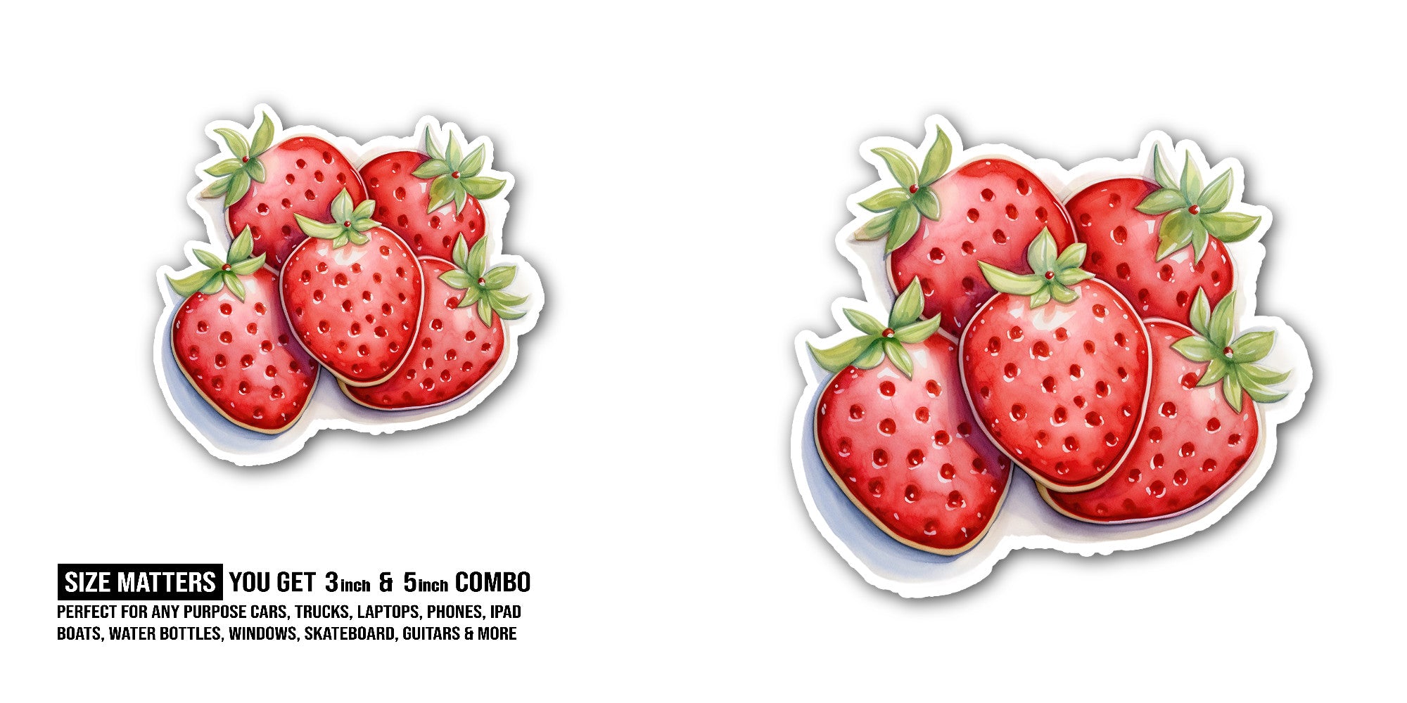 Cute Strawberries Sticker, Waterproof Vinyl Decal Sticker Indoor Or Outdoor 2 (Pieces) 3" and 5"