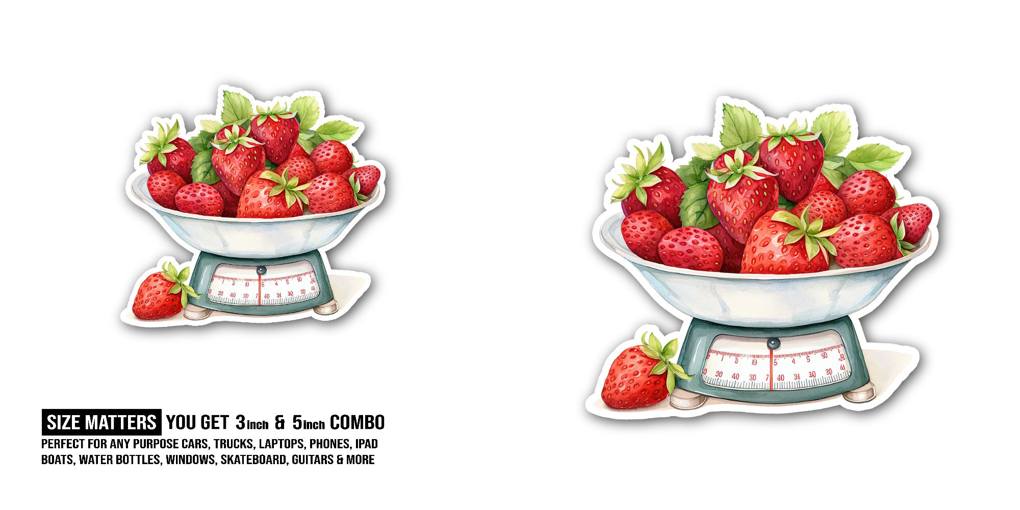 Strawberries on a Scale Sticker, Waterproof Vinyl Decal Sticker Indoor Or Outdoor 2 (Pieces) 3" and 5"