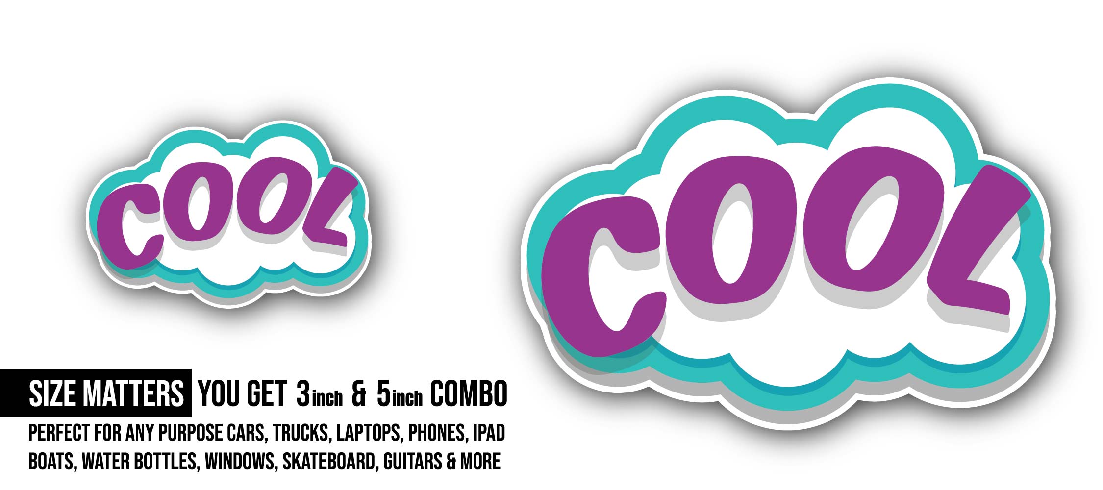 Purple Color Cool Text Sticker, Waterproof Vinyl Decal Sticker Indoor Or Outdoor 2 (Pieces) 3" and 5"