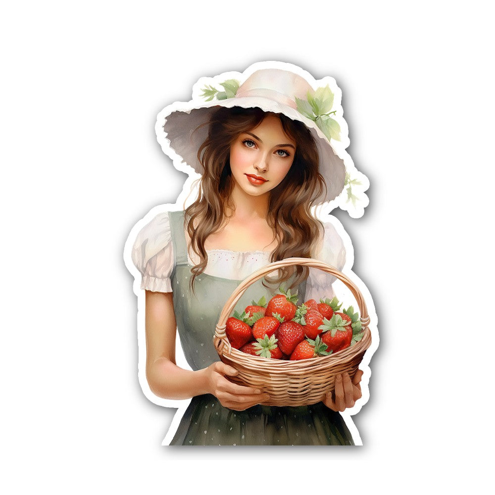 Girl with Strawberries Sticker, Waterproof Vinyl Decal Sticker Indoor Or Outdoor 2 (Pieces) 3" and 5"