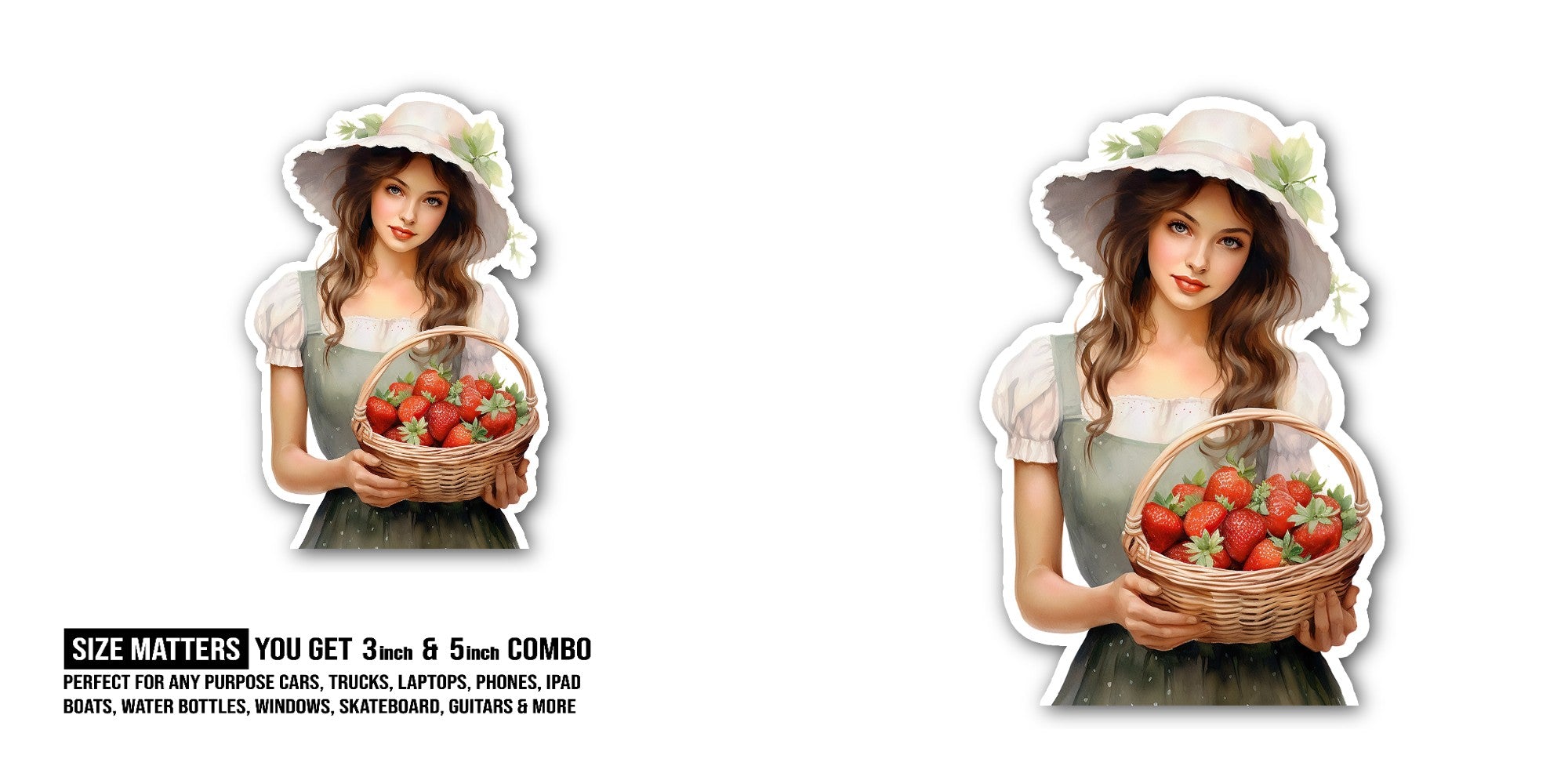 Girl with Strawberries Sticker, Waterproof Vinyl Decal Sticker Indoor Or Outdoor 2 (Pieces) 3" and 5"