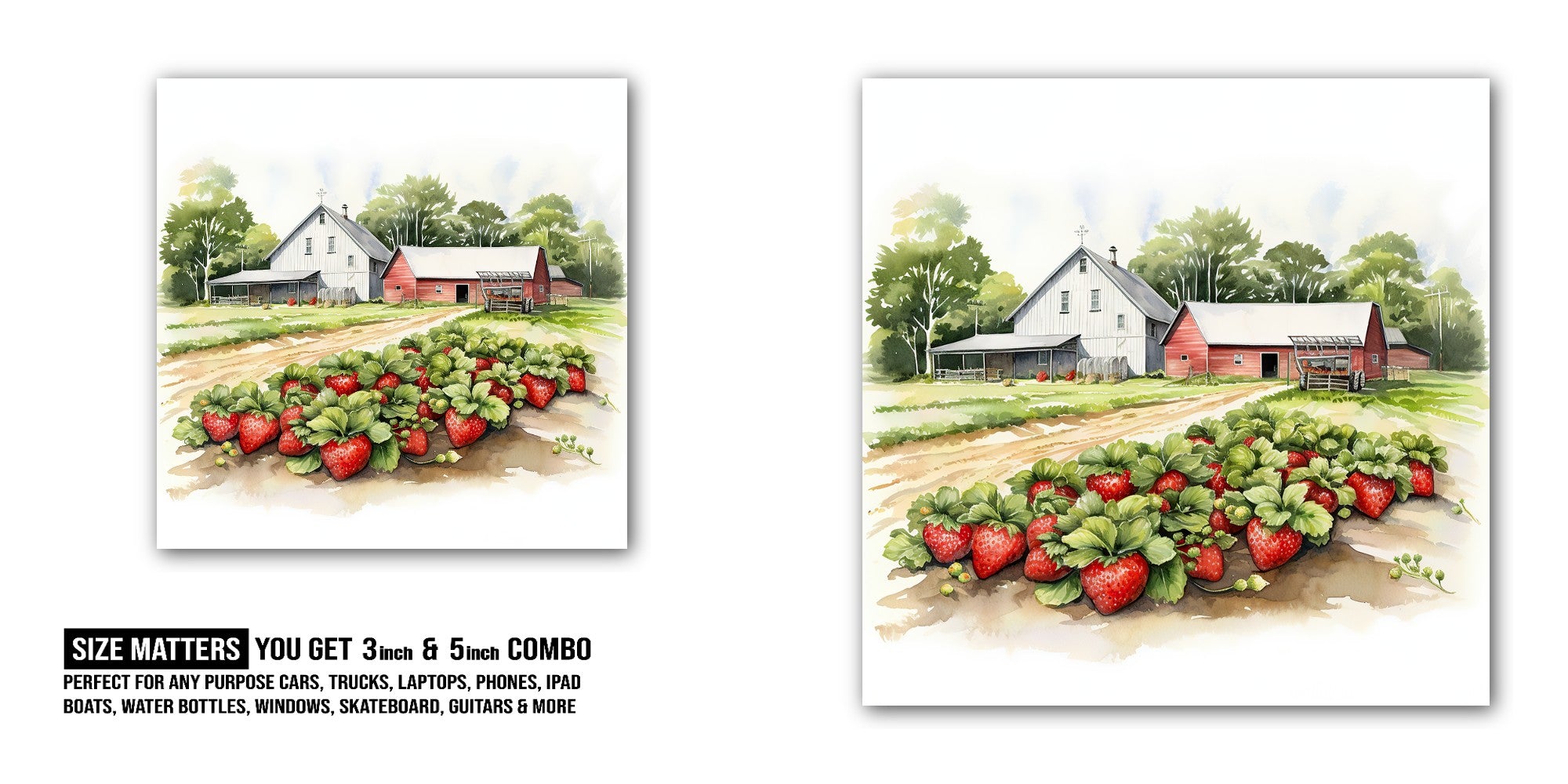 Strawberry Farm Sticker, Waterproof Vinyl Decal Sticker Indoor Or Outdoor 2 (Pieces) 3" and 5"