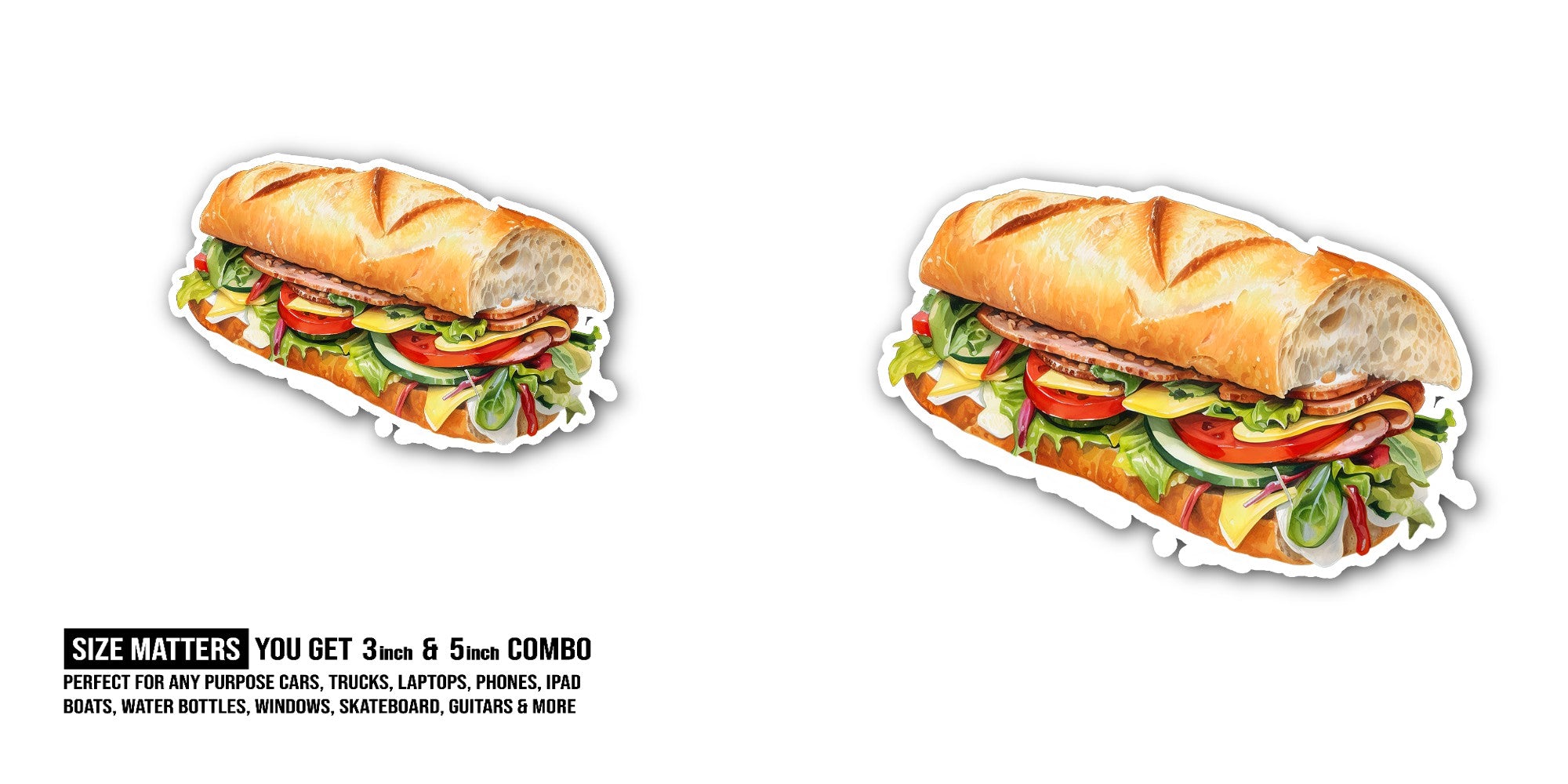 Submarine sandwich Sticker, Waterproof Vinyl Decal Sticker Indoor Or Outdoor 2 (Pieces) 3" and 5"