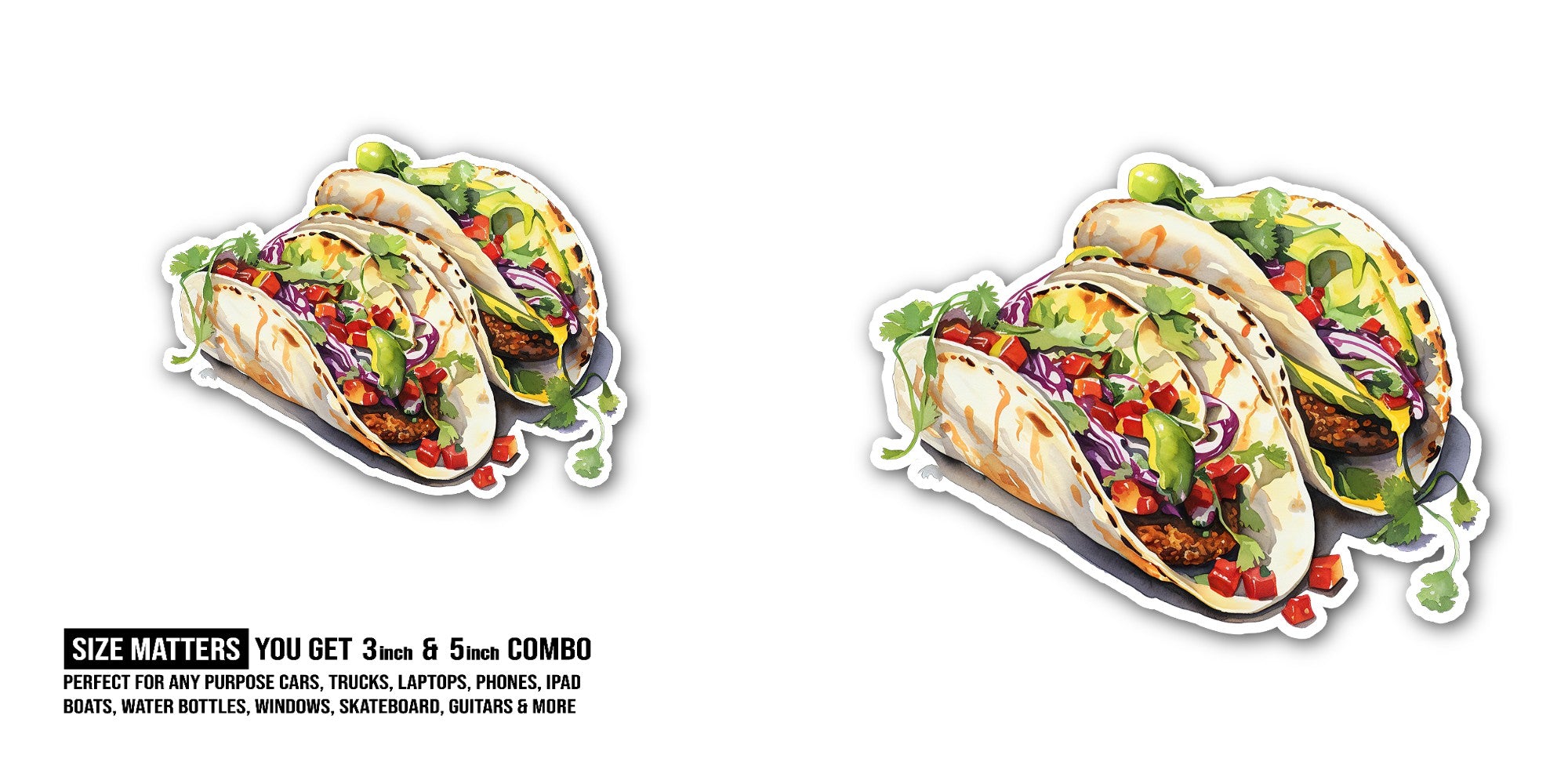 Beef Tacos Sticker, Waterproof Vinyl Decal Sticker Indoor Or Outdoor 2 (Pieces) 3" and 5"