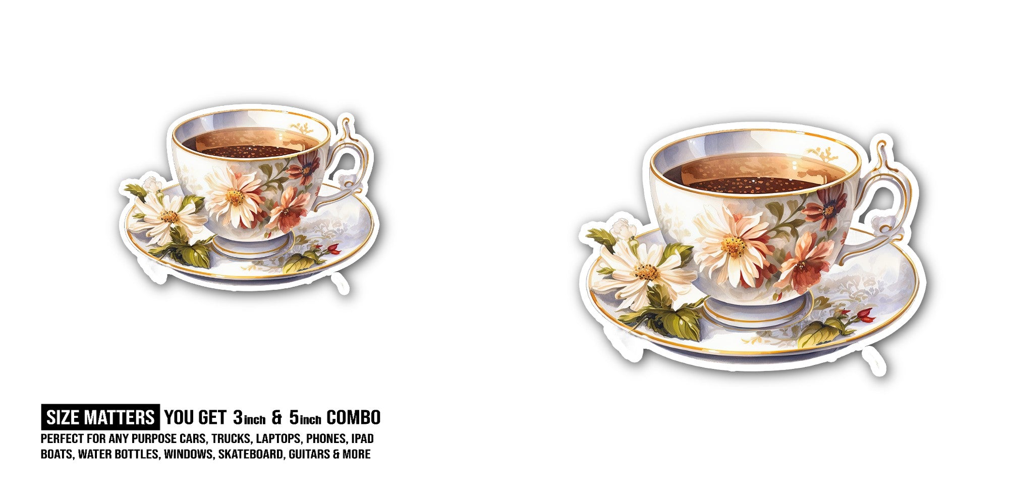 Tea cup Sticker, Waterproof Vinyl Decal Sticker Indoor Or Outdoor 2 (Pieces) 3" and 5"