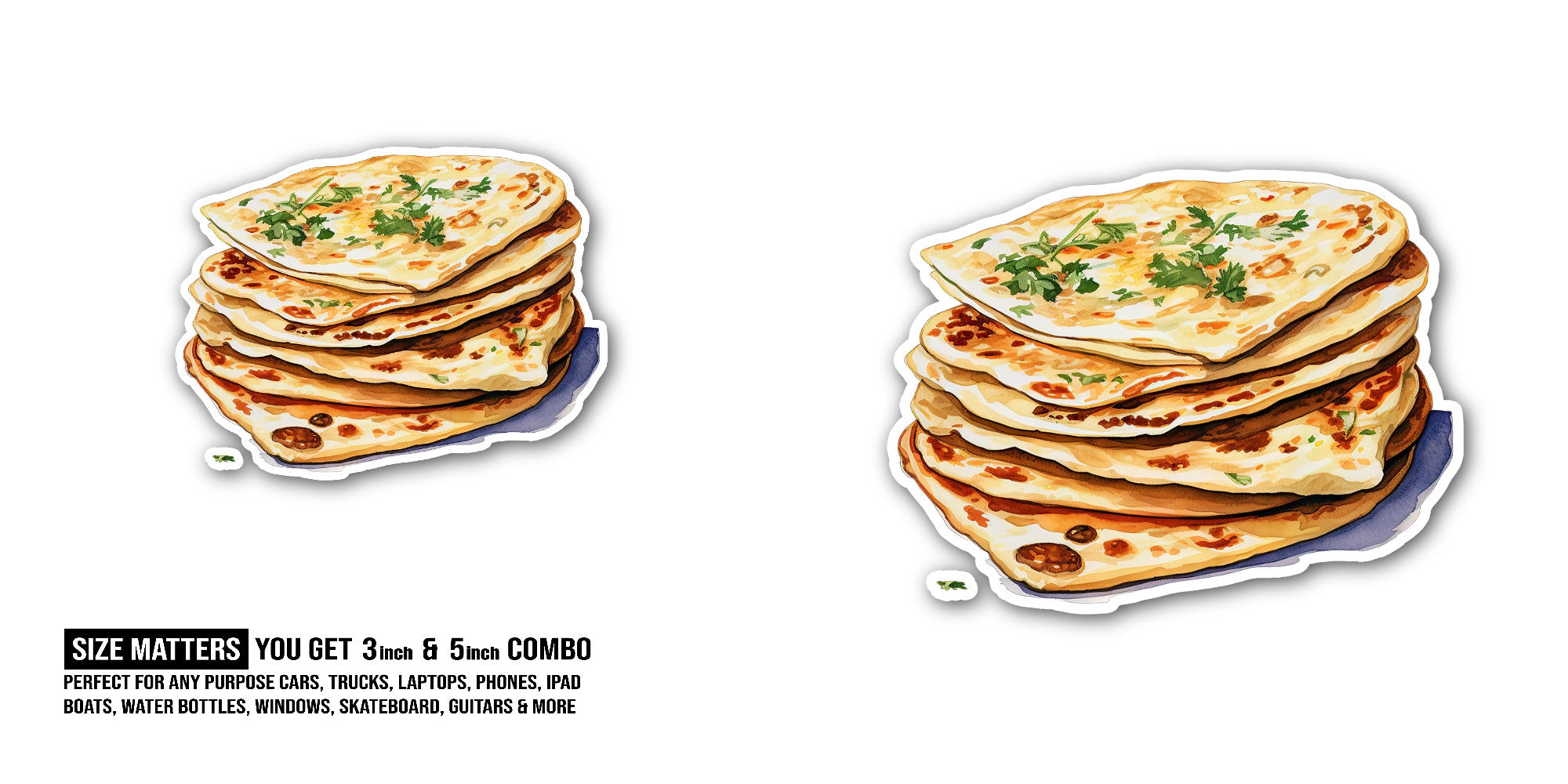 Aloo paratha Sticker, Waterproof Vinyl Decal Sticker Indoor Or Outdoor 2 (Pieces) 3" and 5"