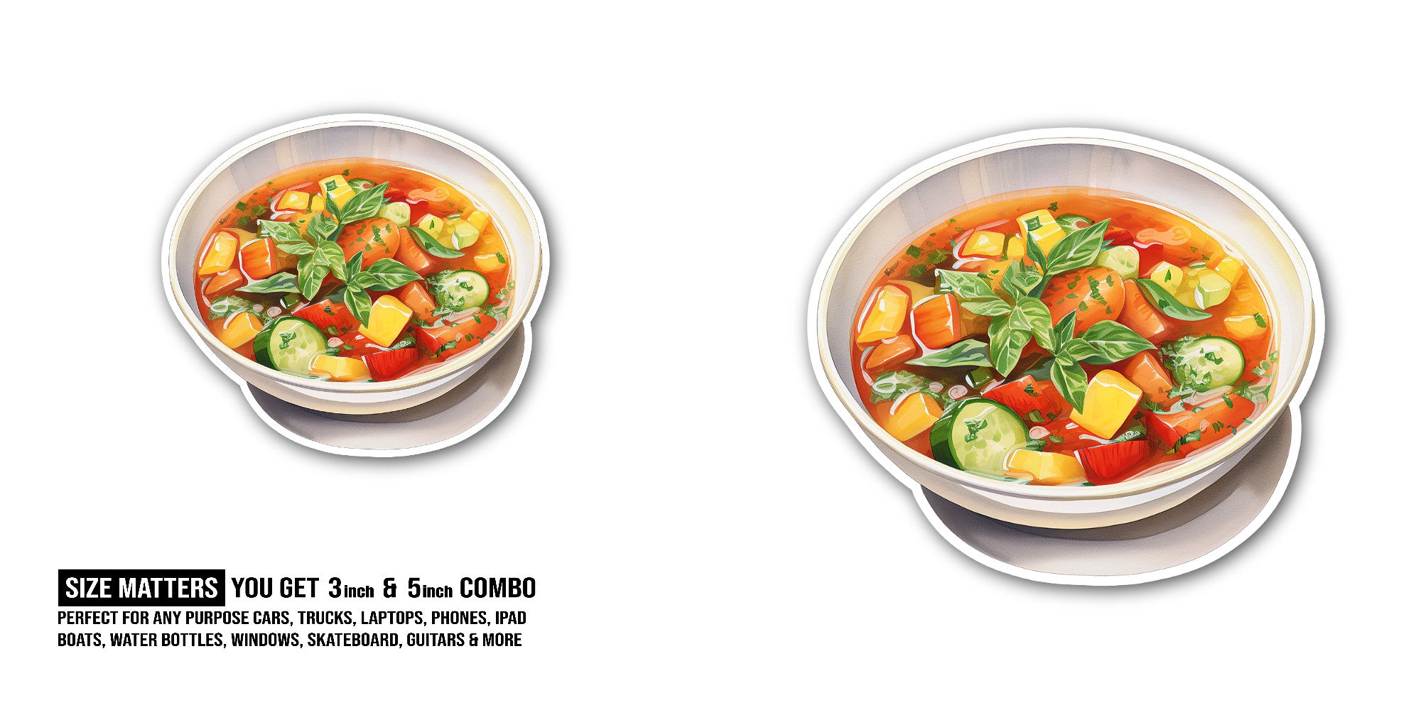 Vegetable soup Sticker, Waterproof Vinyl Decal Sticker Indoor Or Outdoor 2 (Pieces) 3" and 5"