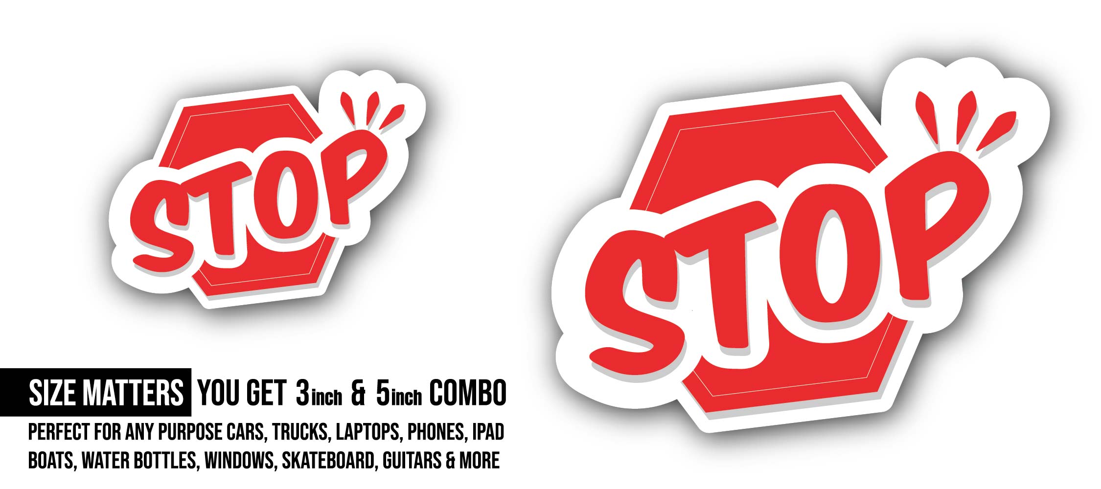 Red Color Stop Message Sticker, Waterproof Vinyl Decal Sticker Indoor Or Outdoor 2 (Pieces) 3" and 5"