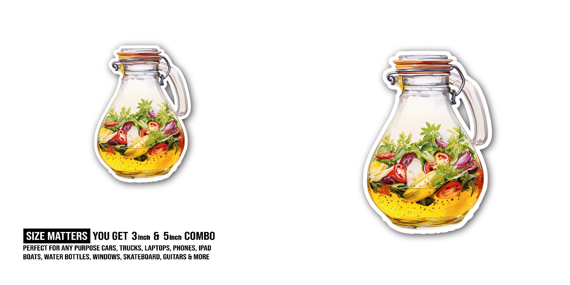 Salad in a glass jar Sticker, Waterproof Vinyl Decal Sticker Indoor Or Outdoor 2 (Pieces) 3" and 5"