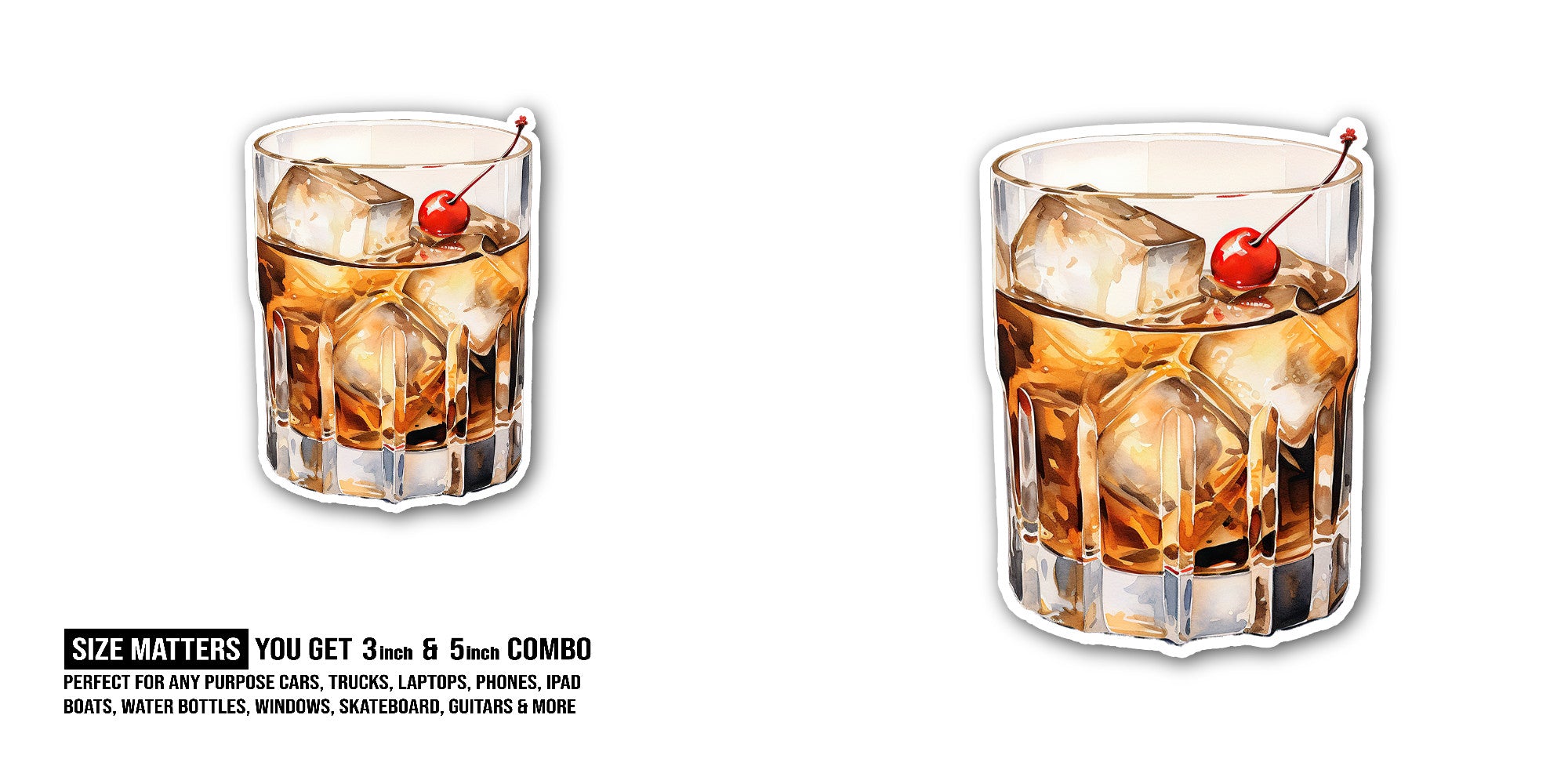 Tasty Old Fashioned Cocktail Glass Sticker, Waterproof Vinyl Decal Sticker Indoor Or Outdoor 2 (Pieces) 3" and 5"