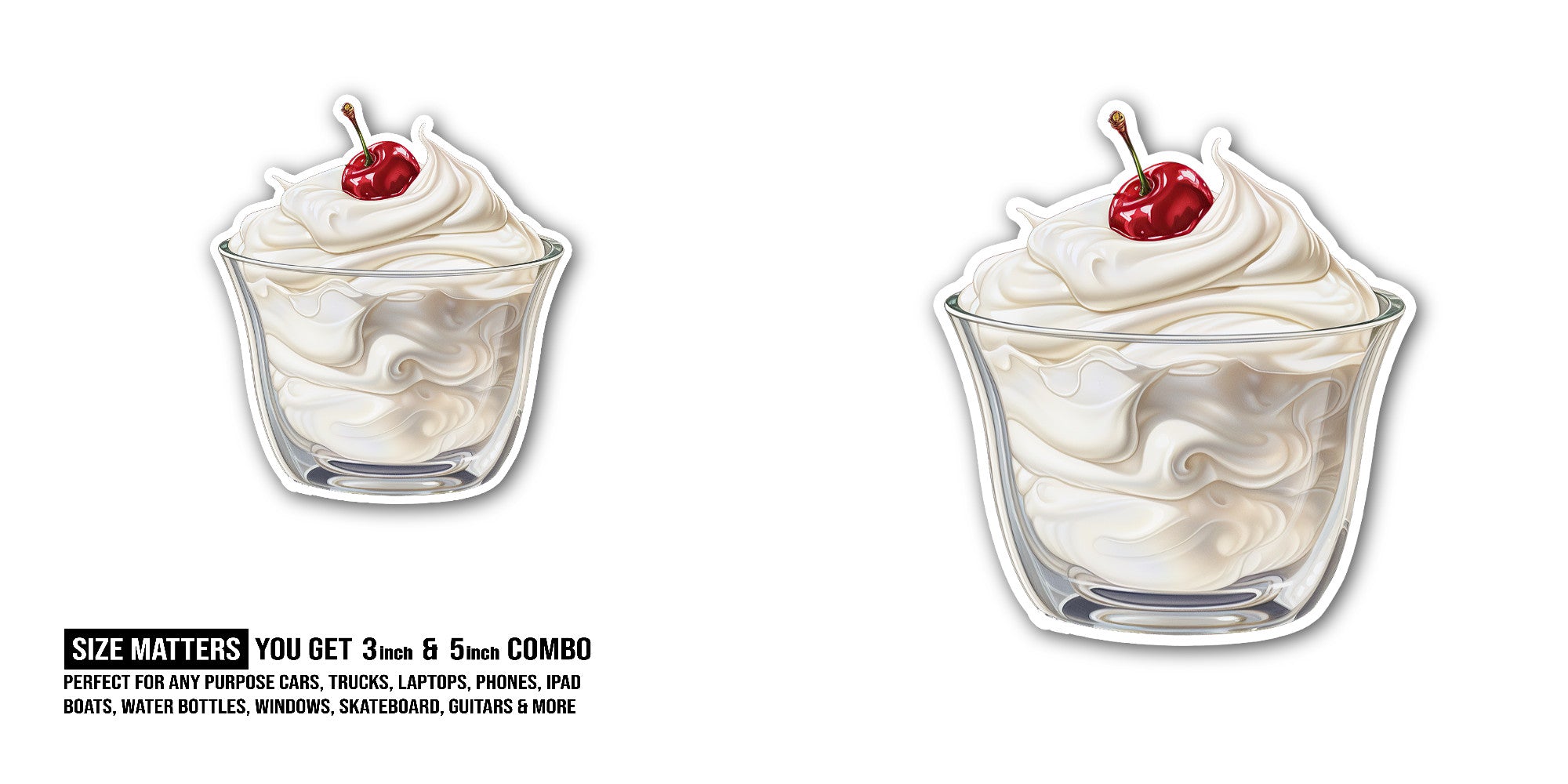 Glass Bowl Of Vanilla Ice Cream Sticker, Waterproof Vinyl Decal Sticker Indoor Or Outdoor 2 (Pieces) 3" and 5"